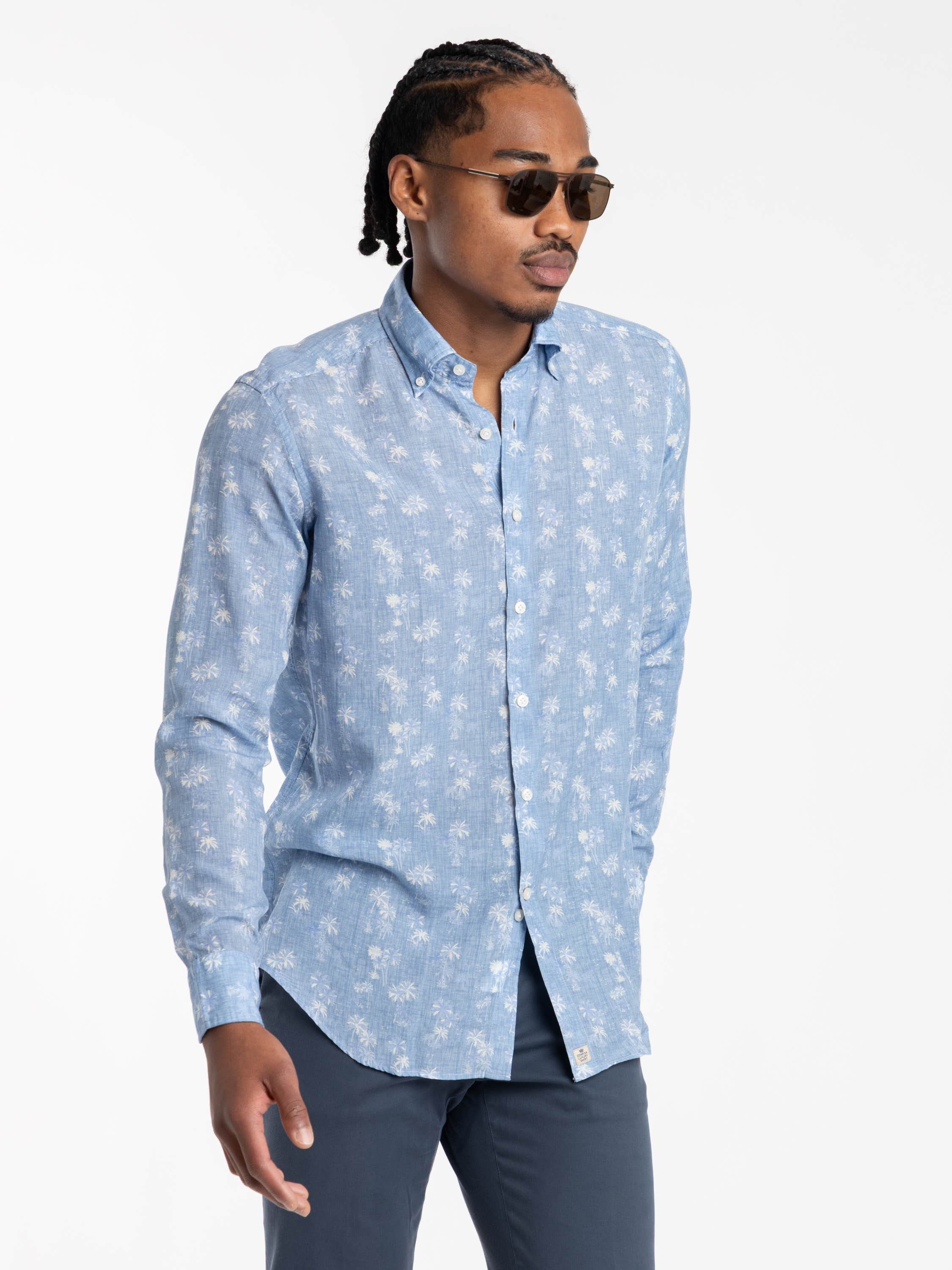 Blue Palm Print Luocell-Linen Shirt