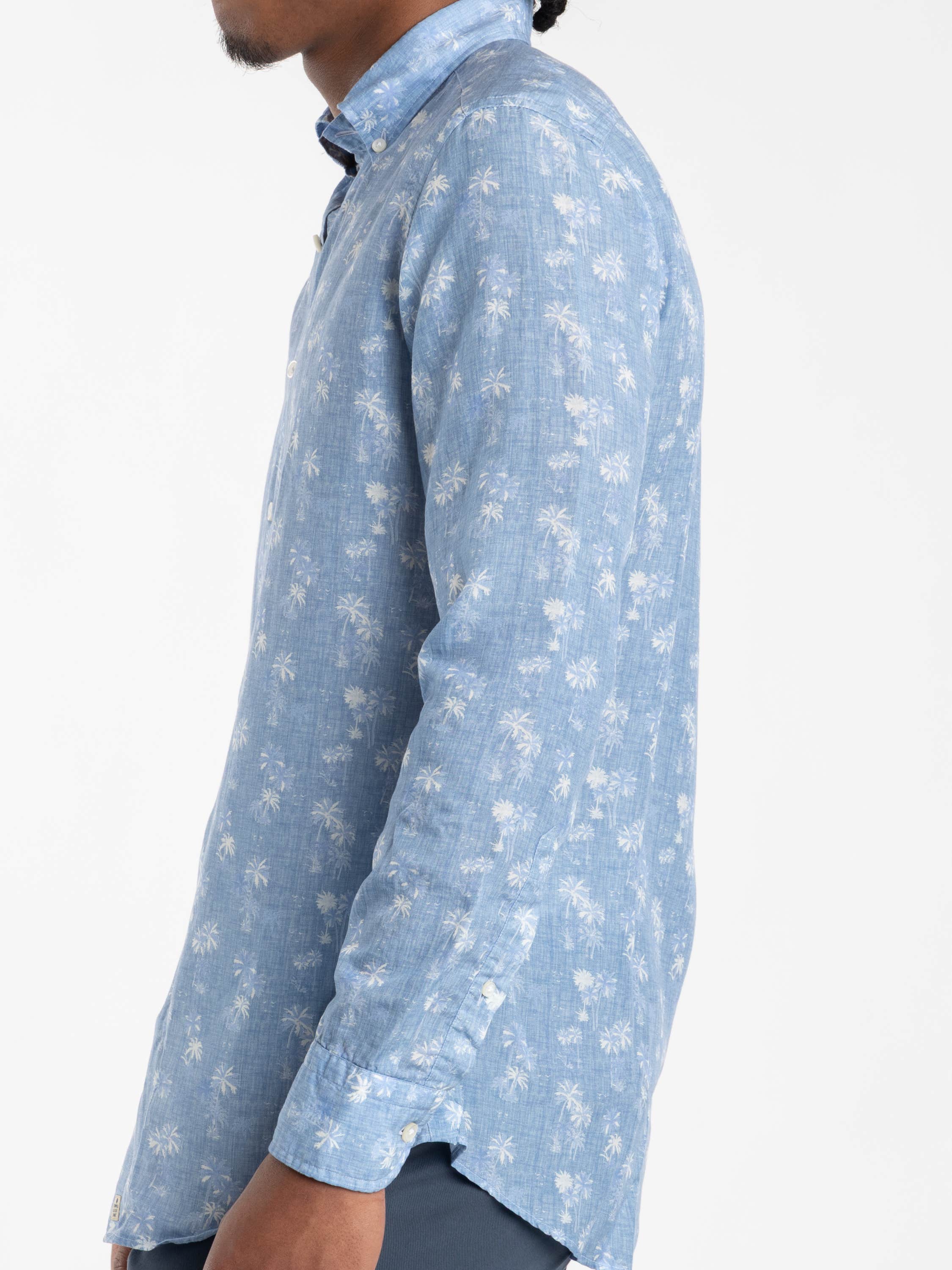 Blue Palm Print Luocell-Linen Shirt