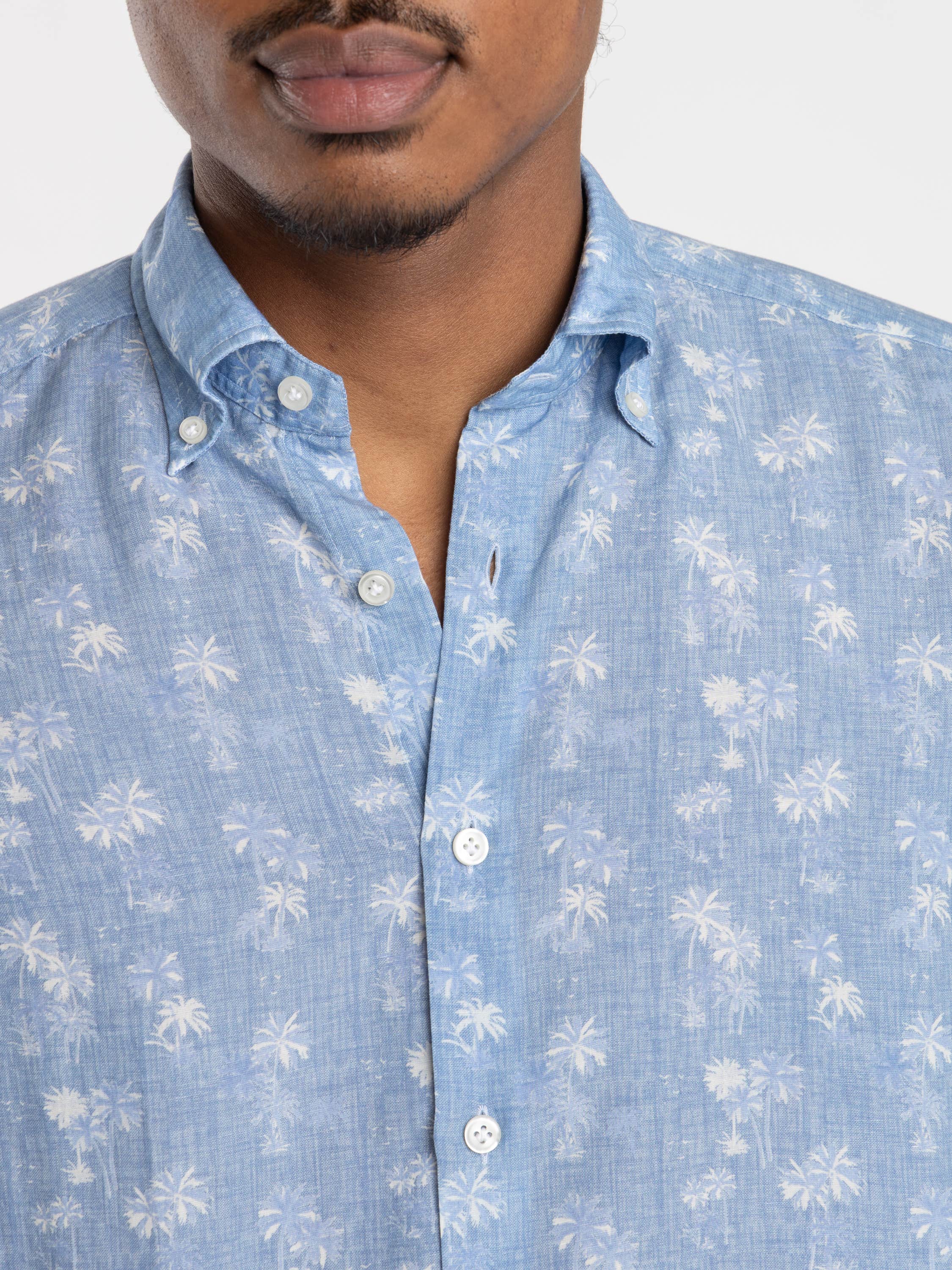 Blue Palm Print Luocell-Linen Shirt