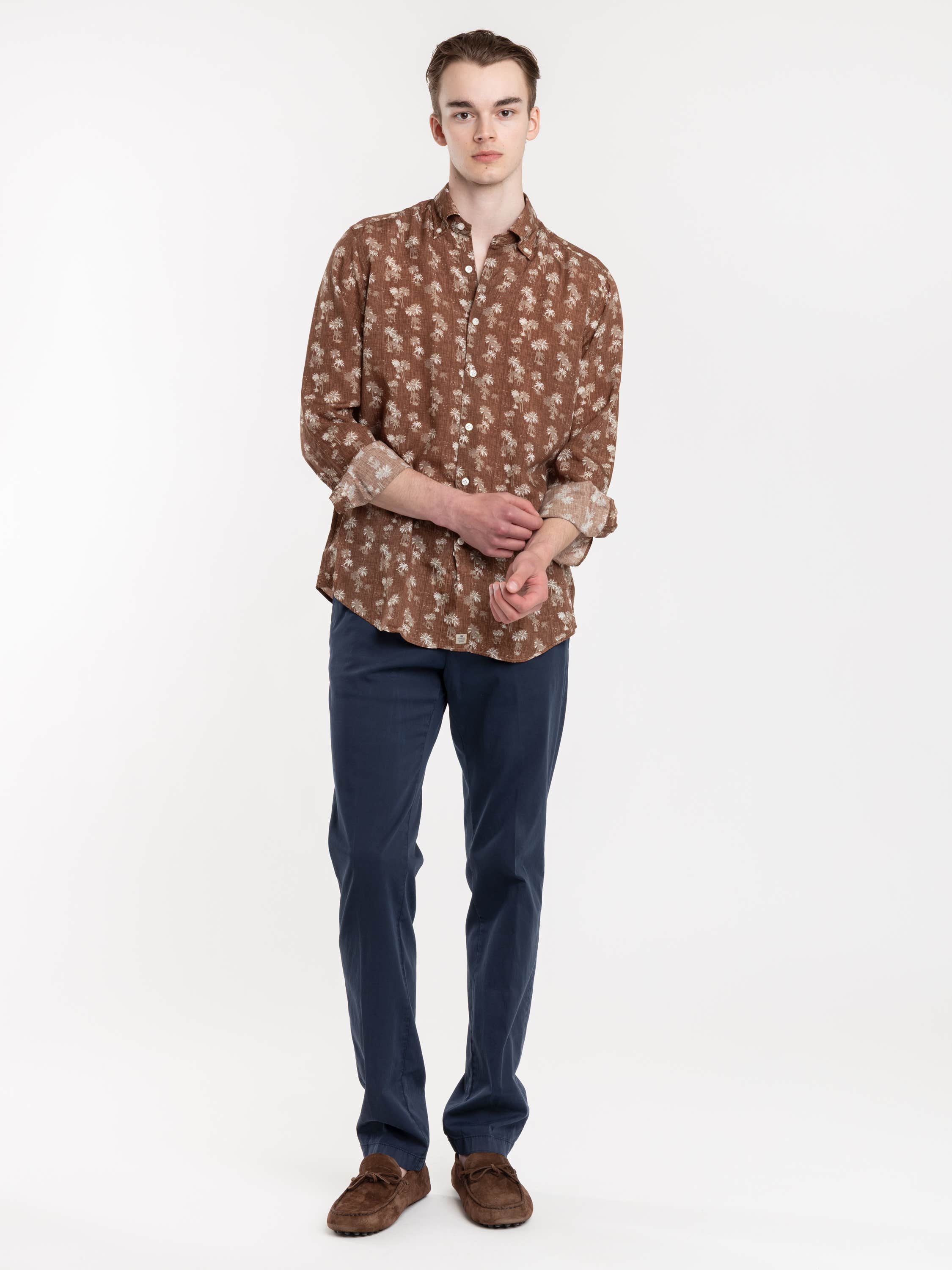 Brown Palm Print Luocell-Linen Shirt