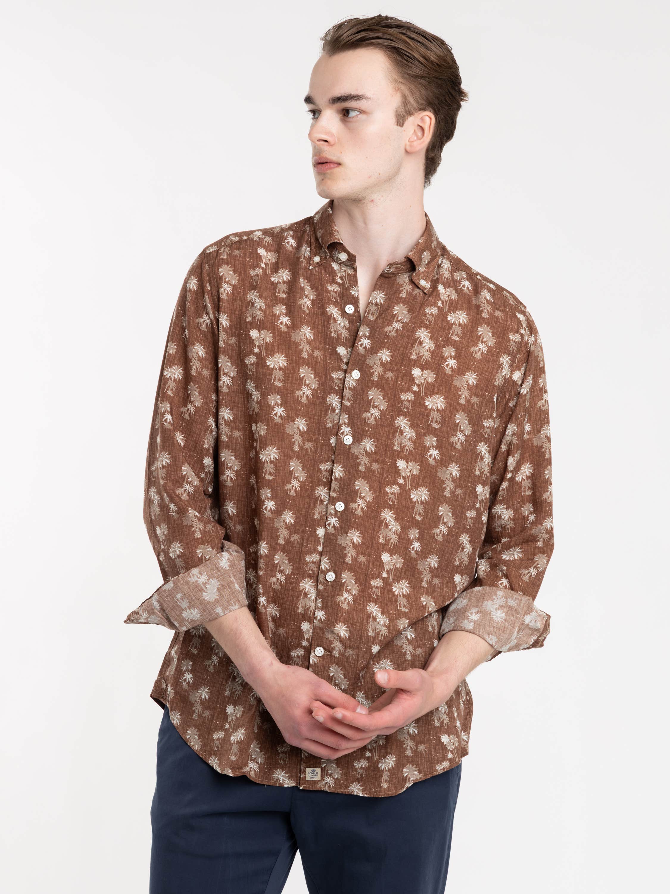 Brown Palm Print Luocell-Linen Shirt