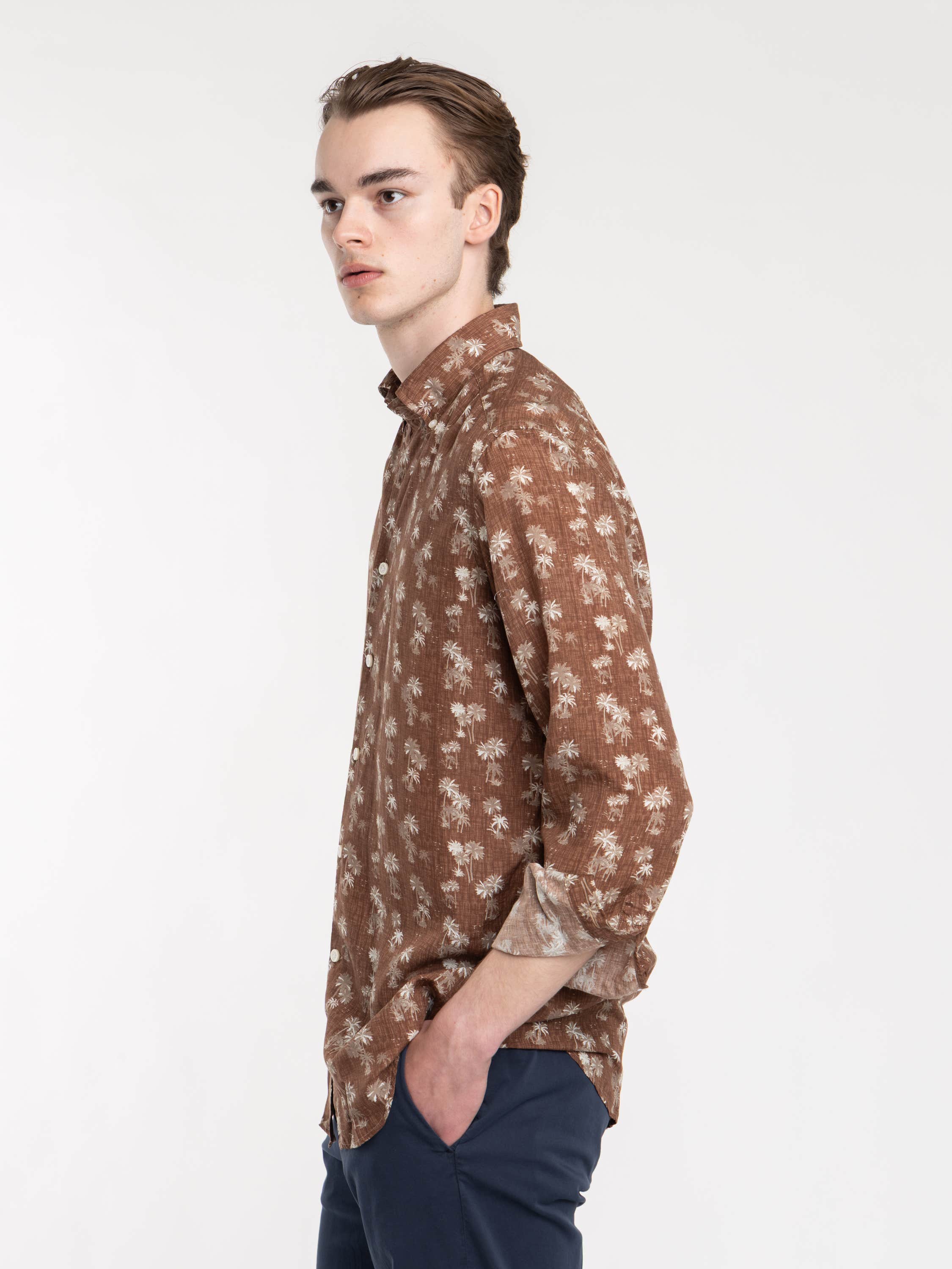 Brown Palm Print Luocell-Linen Shirt