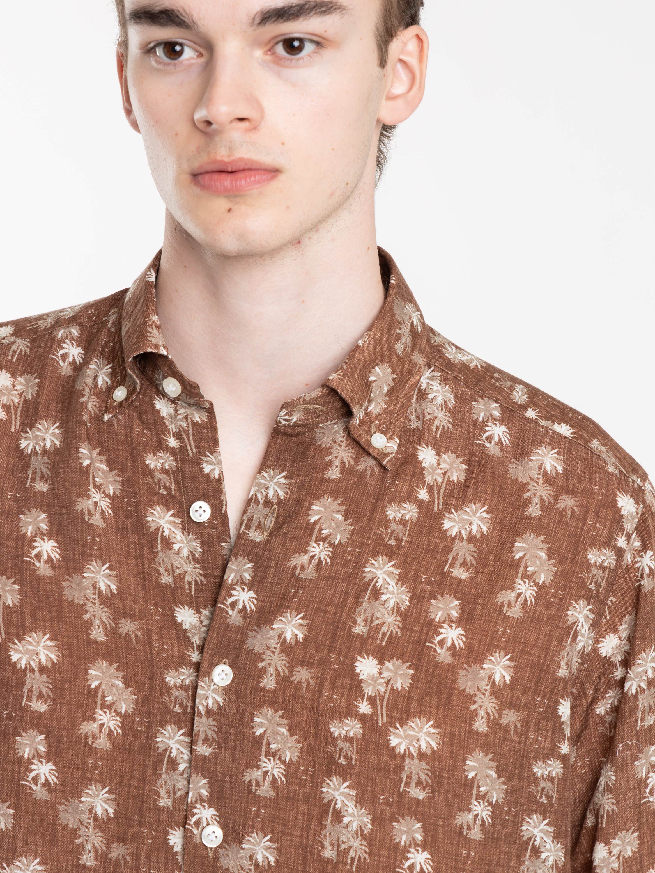 Brown Palm Print Luocell-Linen Shirt