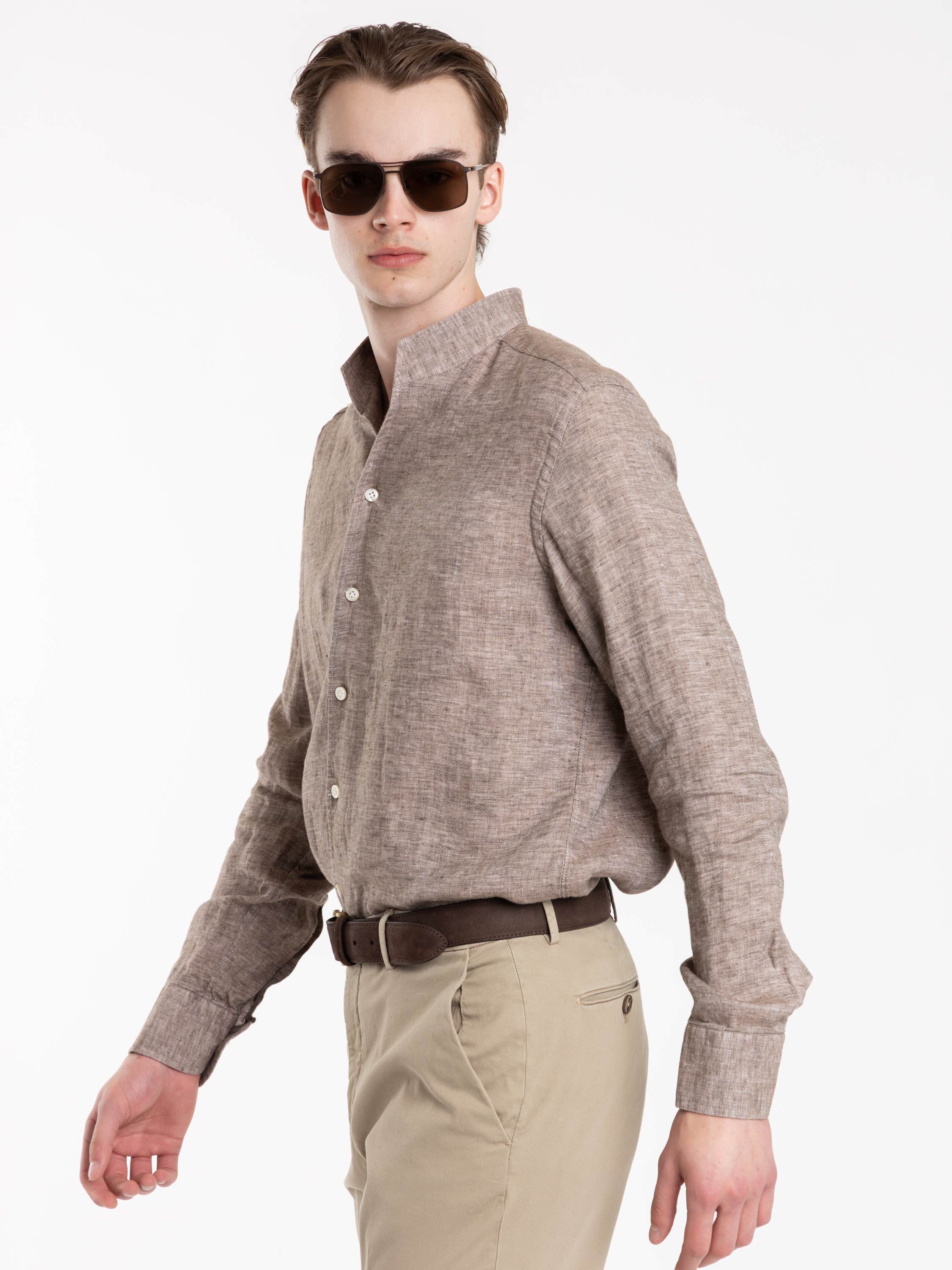 Coffee Brown Garment-Dyed Linen Modern Fit Casual Shirt