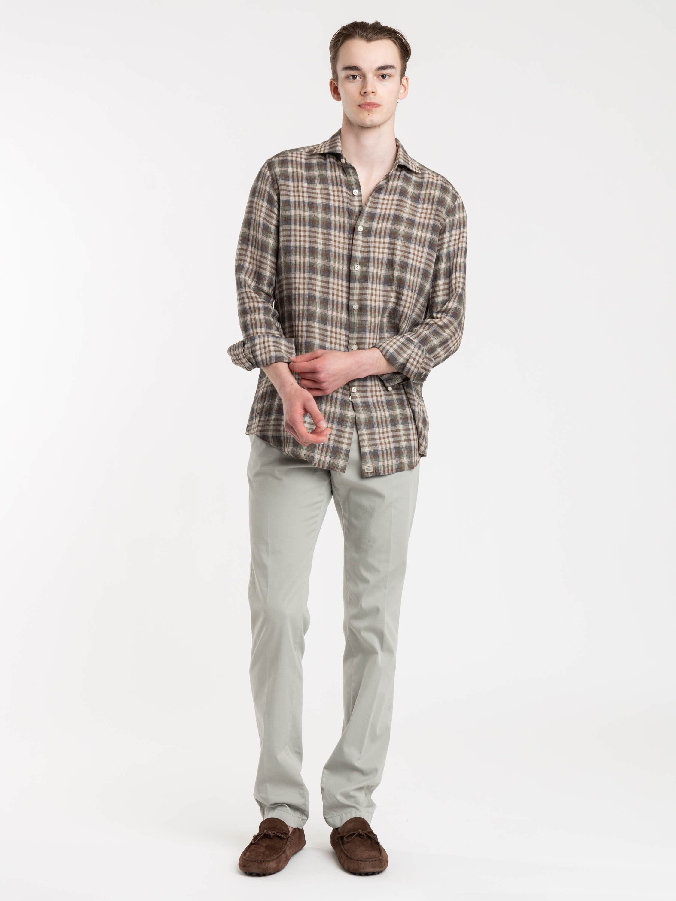 Grey and Brown Check Cotton and Wool Flannel Shirt
