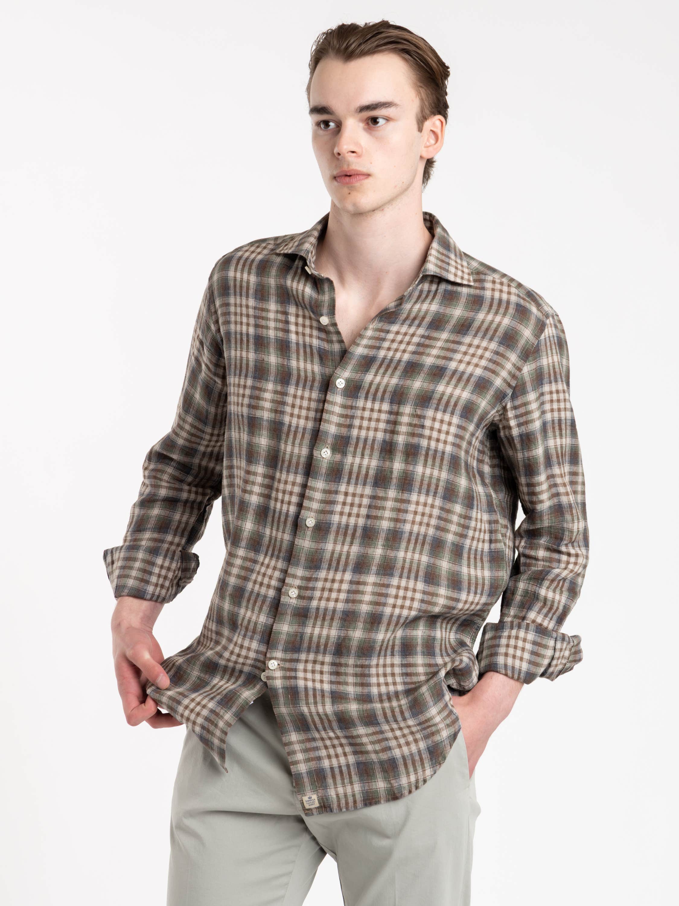 Grey and Brown Check Cotton and Wool Flannel Shirt