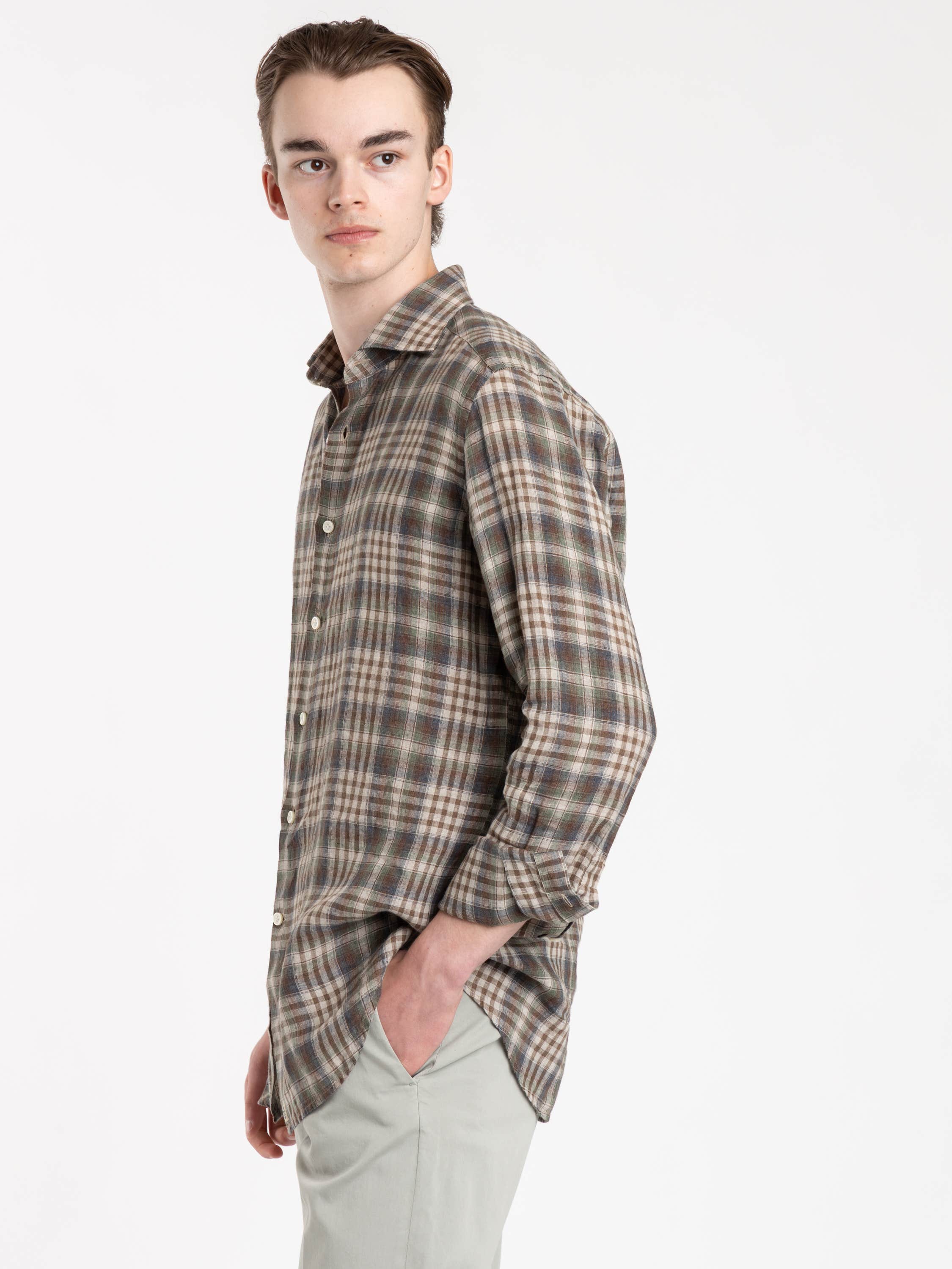 Grey and Brown Check Cotton and Wool Flannel Shirt