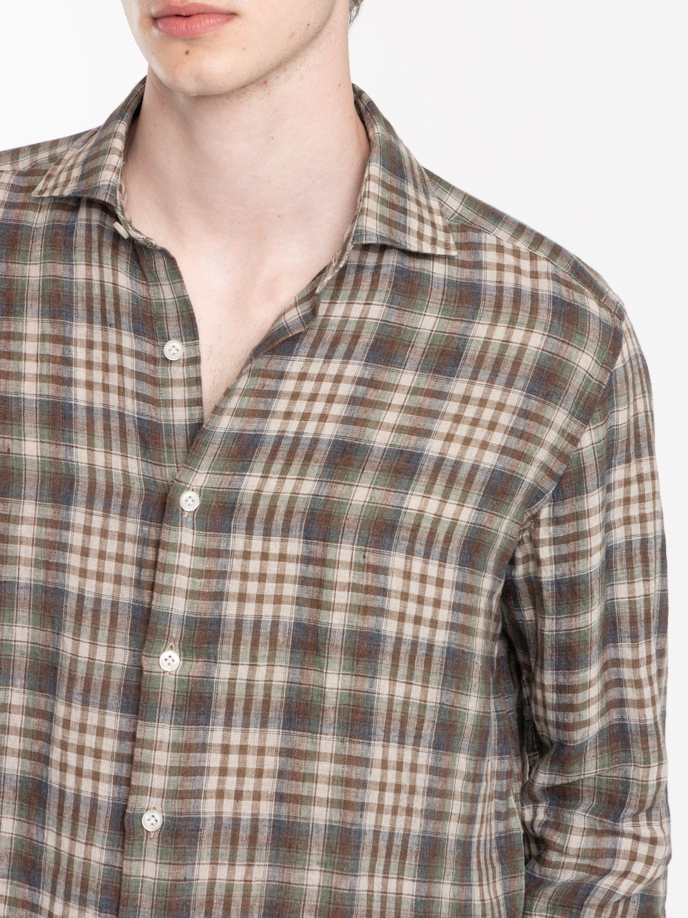 Grey and Brown Check Cotton and Wool Flannel Shirt