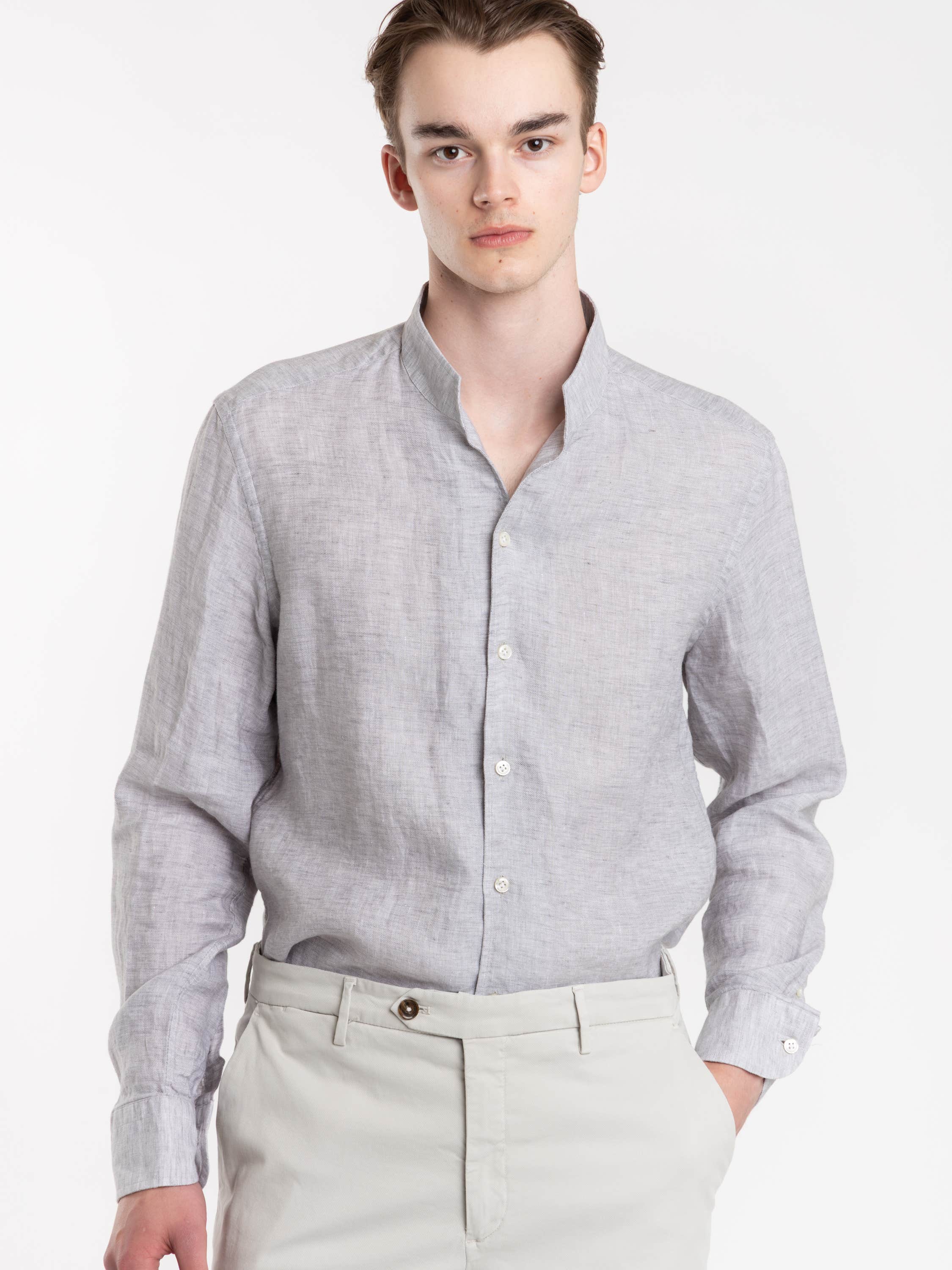 Light Grey Garment-Dyed Linen Modern Fit Casual Shirt