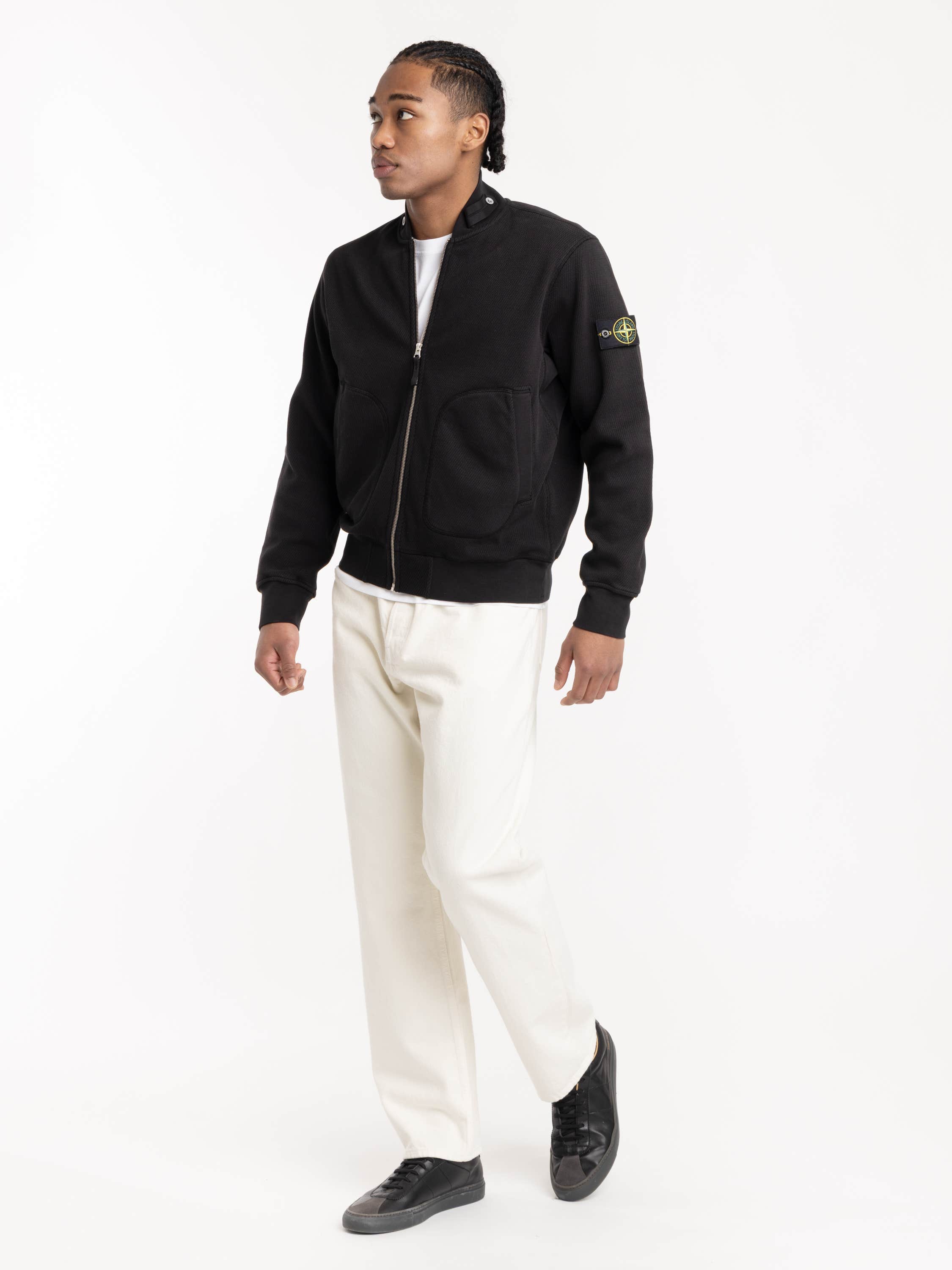 Black Mesh Stitch Organic Cotton Fleece Track Jacket With Pockets