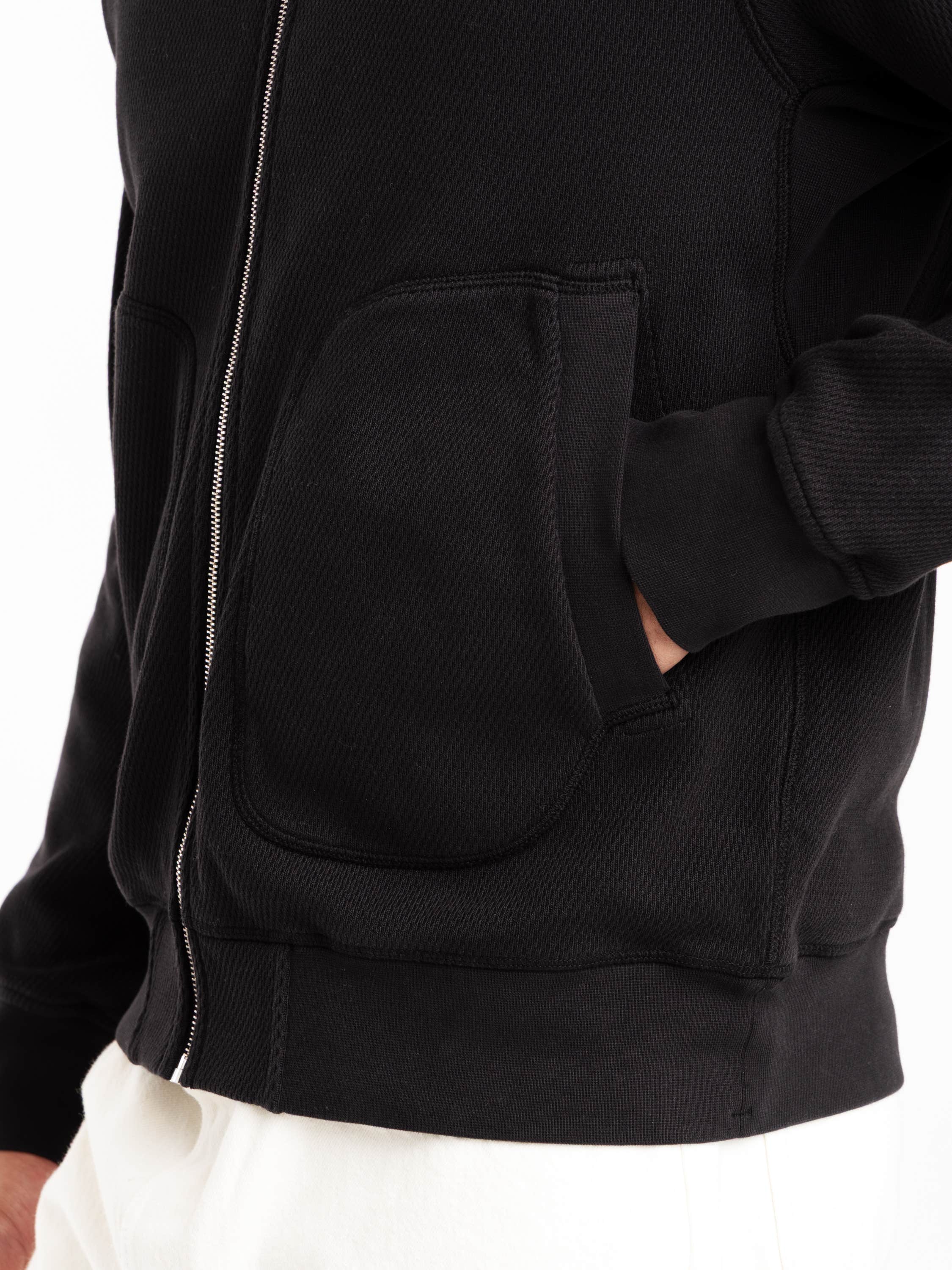 Black Mesh Stitch Organic Cotton Fleece Track Jacket With Pockets