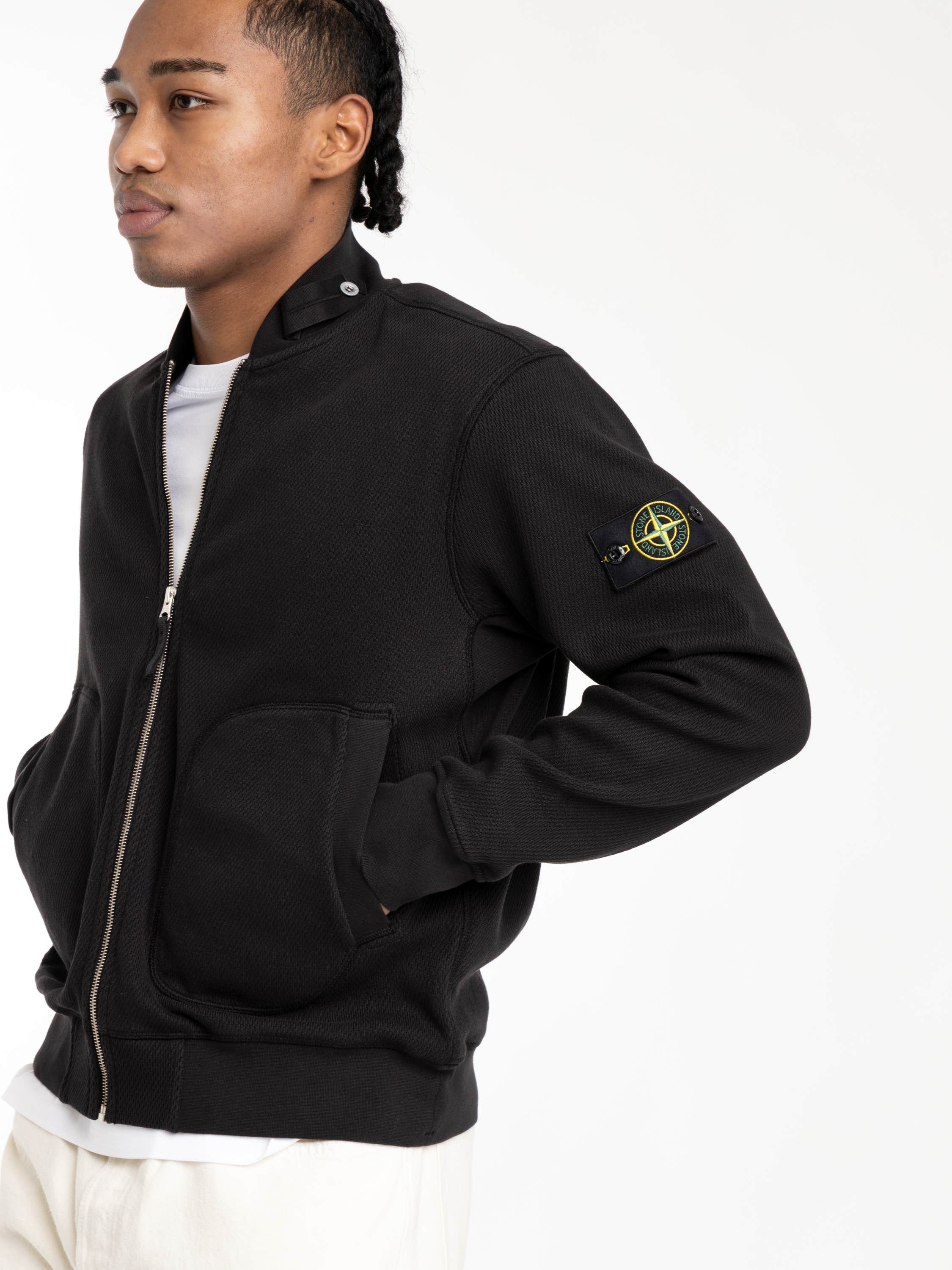 Black Mesh Stitch Organic Cotton Fleece Track Jacket With Pockets