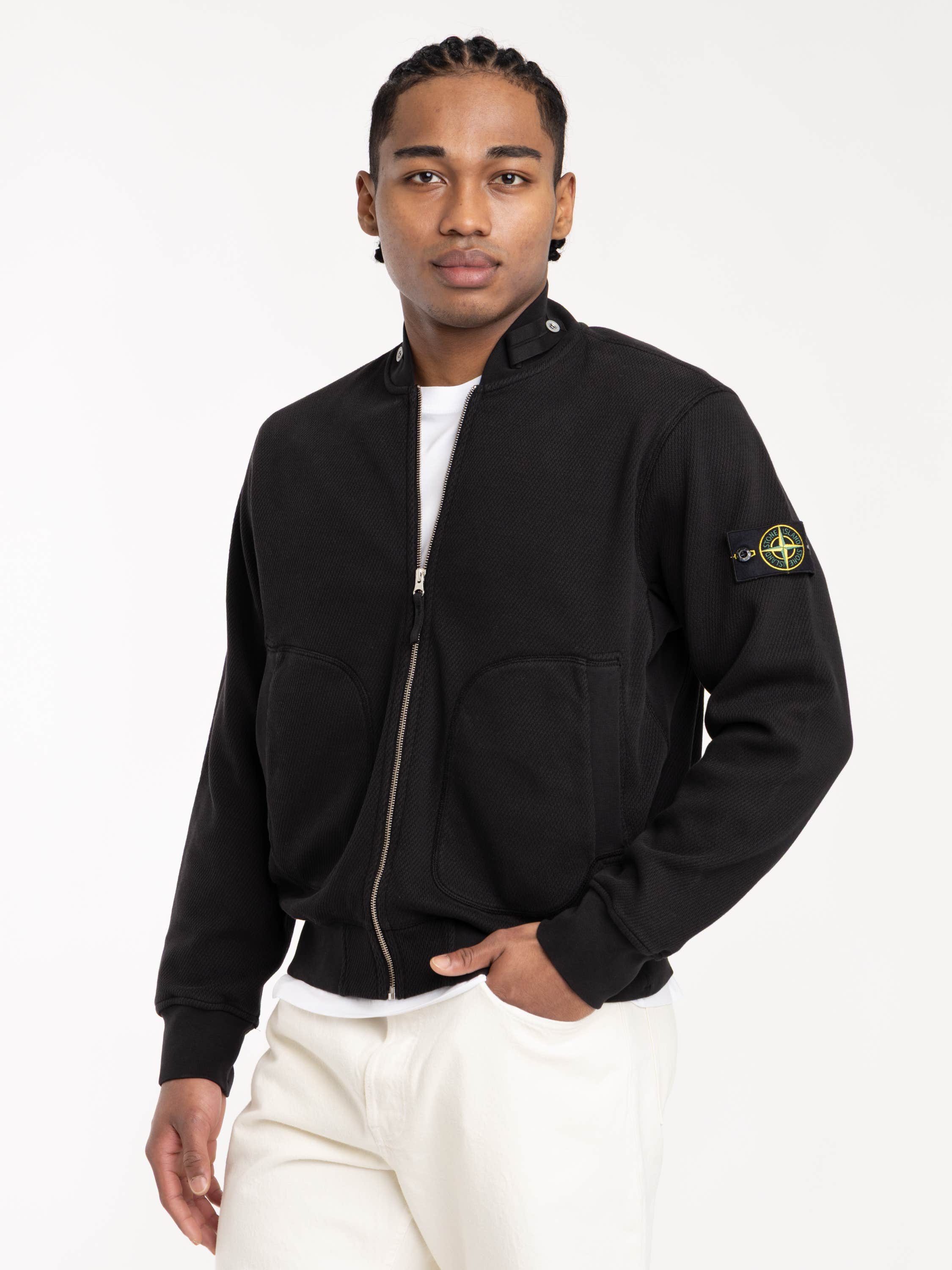 Black Mesh Stitch Organic Cotton Fleece Track Jacket With Pockets