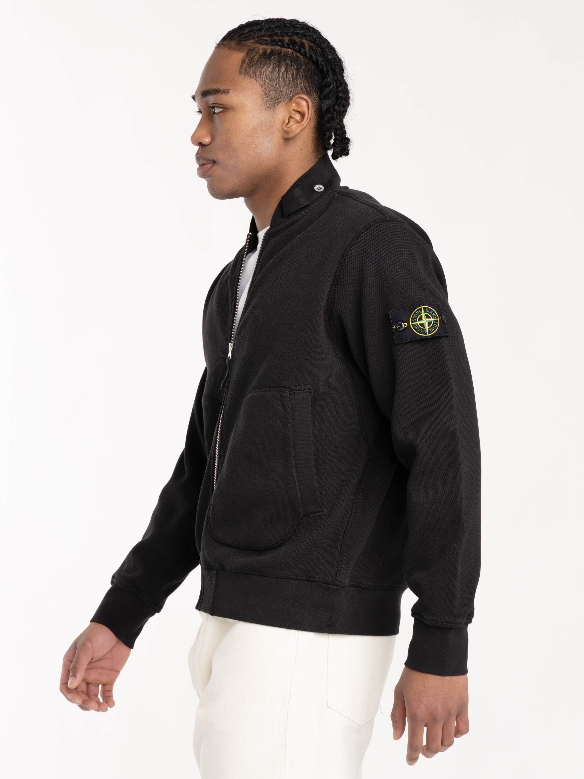 Black Mesh Stitch Organic Cotton Fleece Track Jacket With Pockets