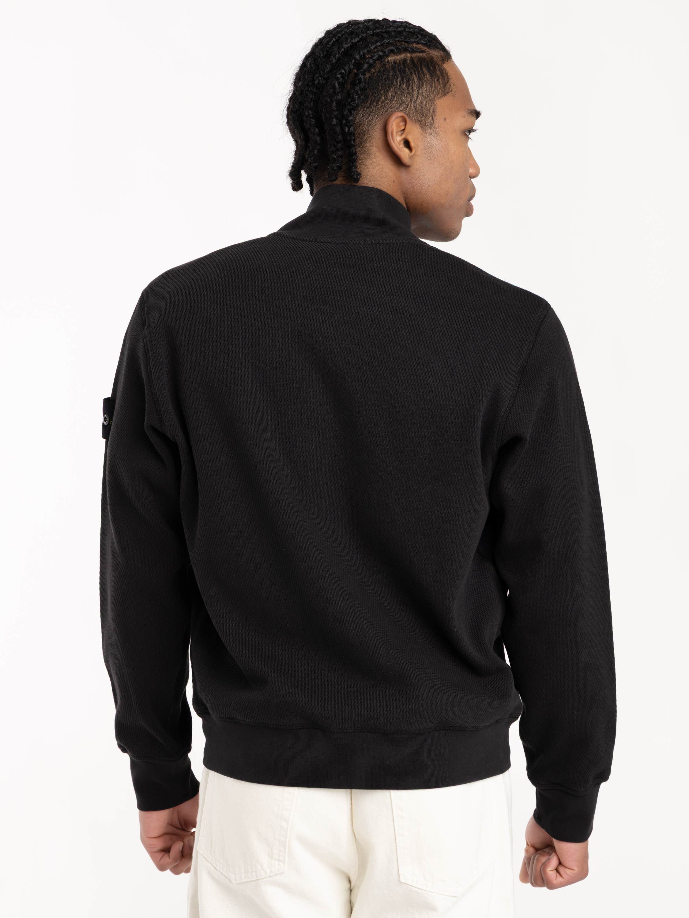 Black Mesh Stitch Organic Cotton Fleece Track Jacket With Pockets