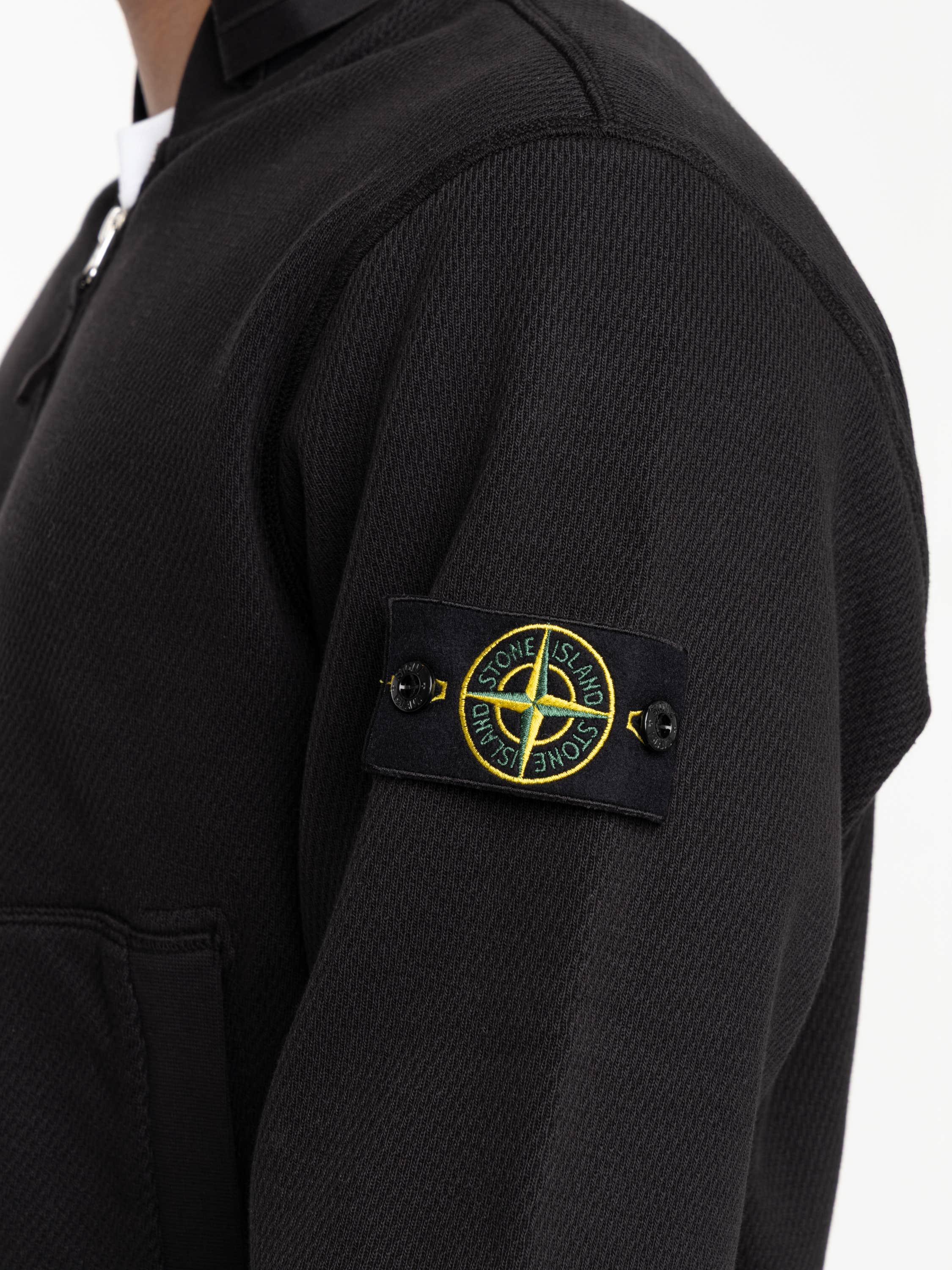 Black Mesh Stitch Organic Cotton Fleece Track Jacket With Pockets