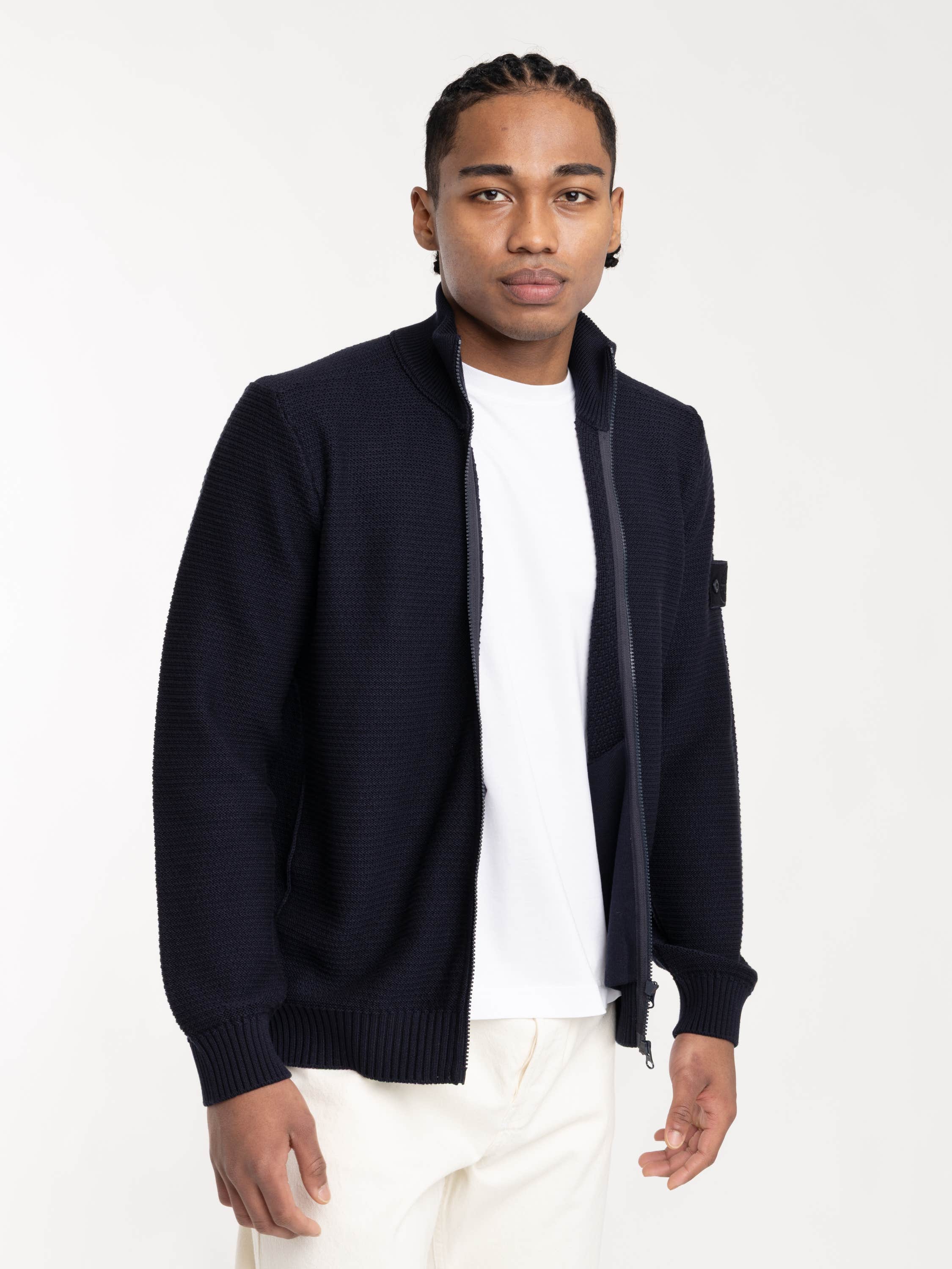 Navy Blue Ribbed Soft Organic Cotton Zip-Up Sweater