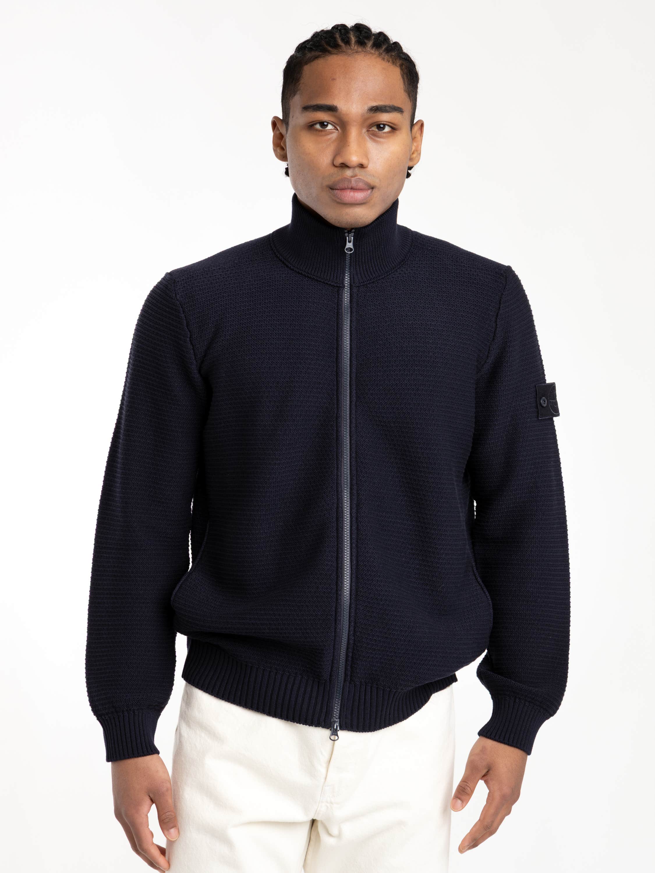 Navy Blue Ribbed Soft Organic Cotton Zip-Up Sweater