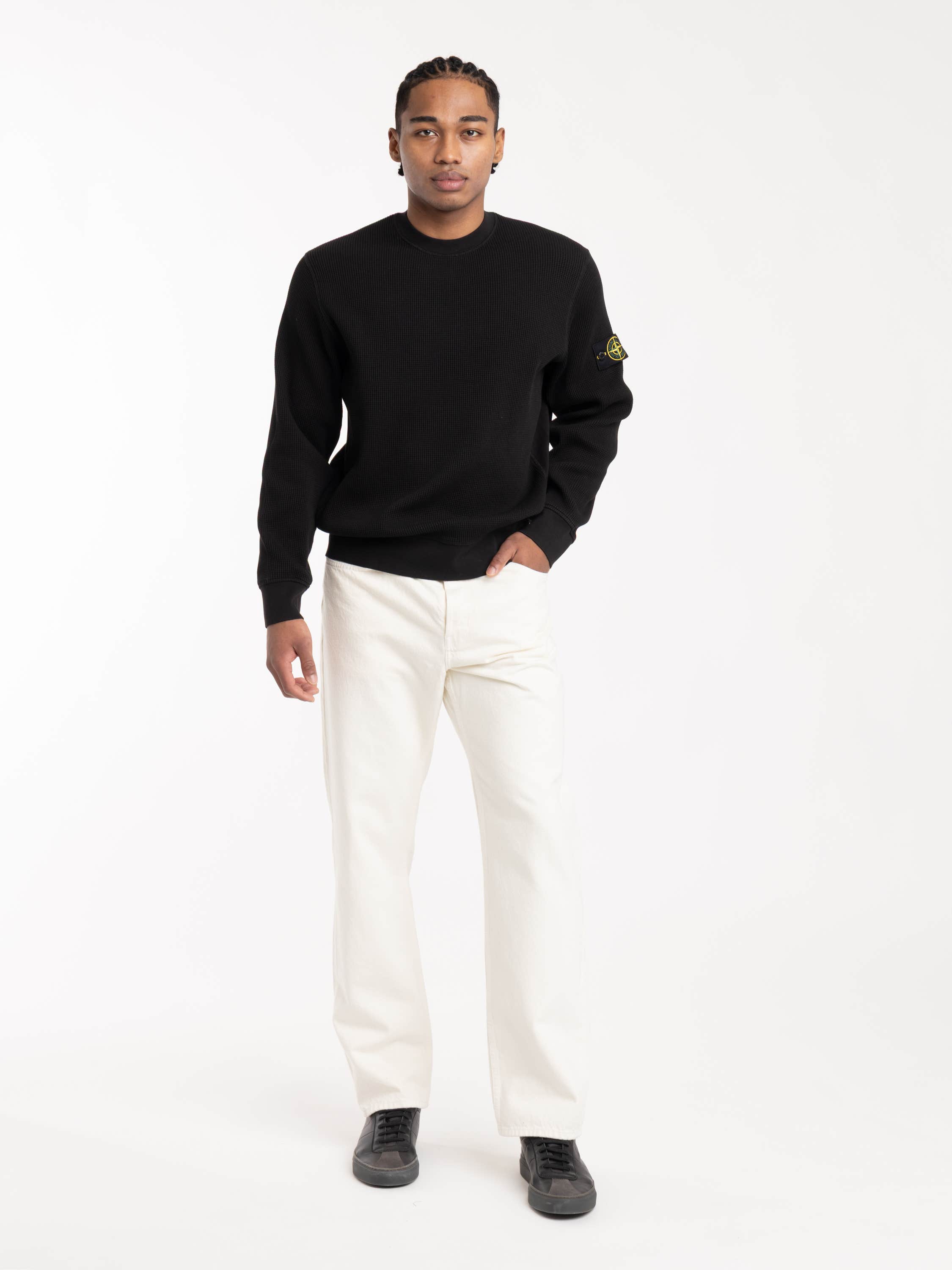 Black Organic Cotton Waffle Fleece Crewneck Sweatshirt