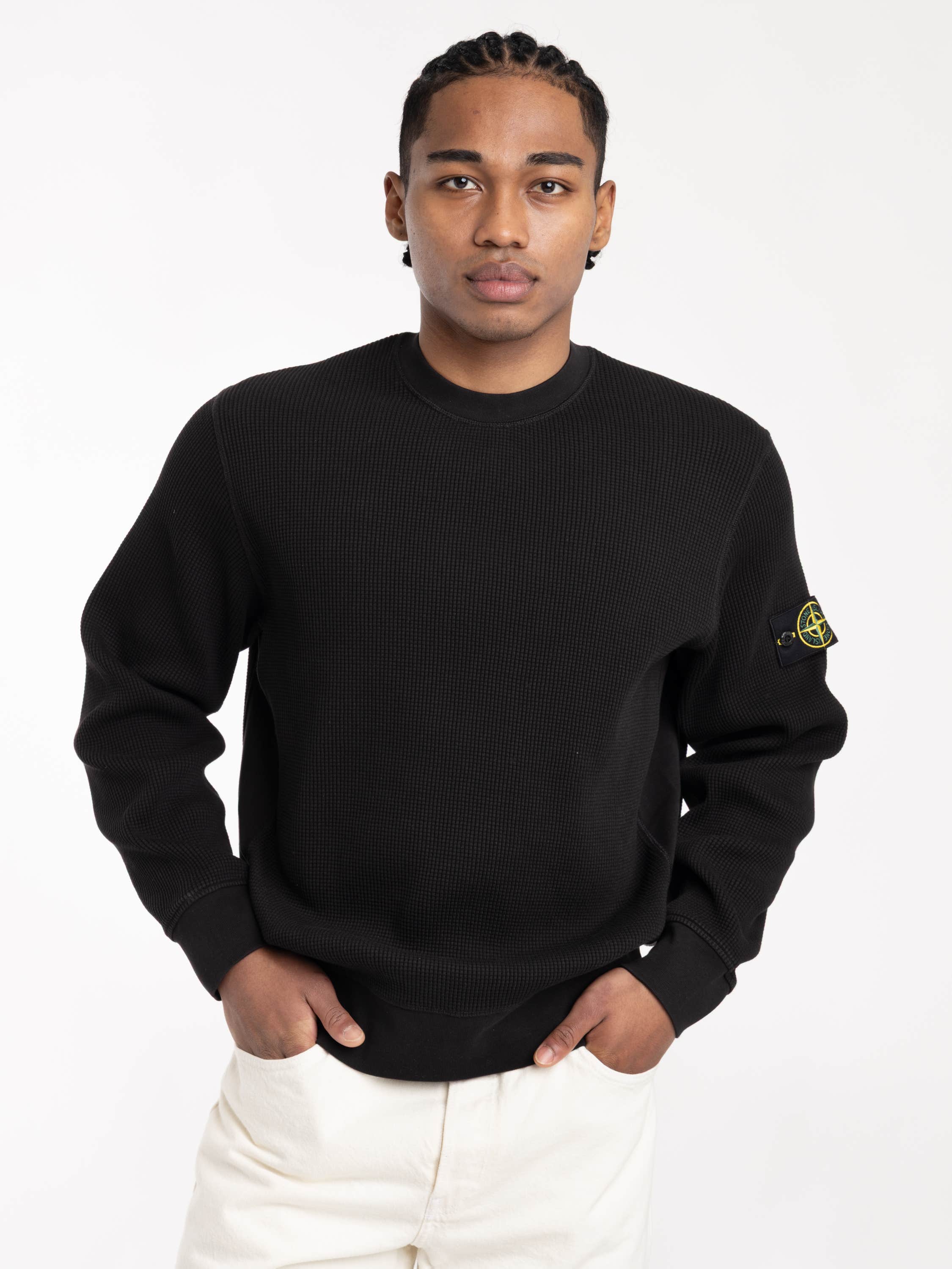 Black Organic Cotton Waffle Fleece Crewneck Sweatshirt