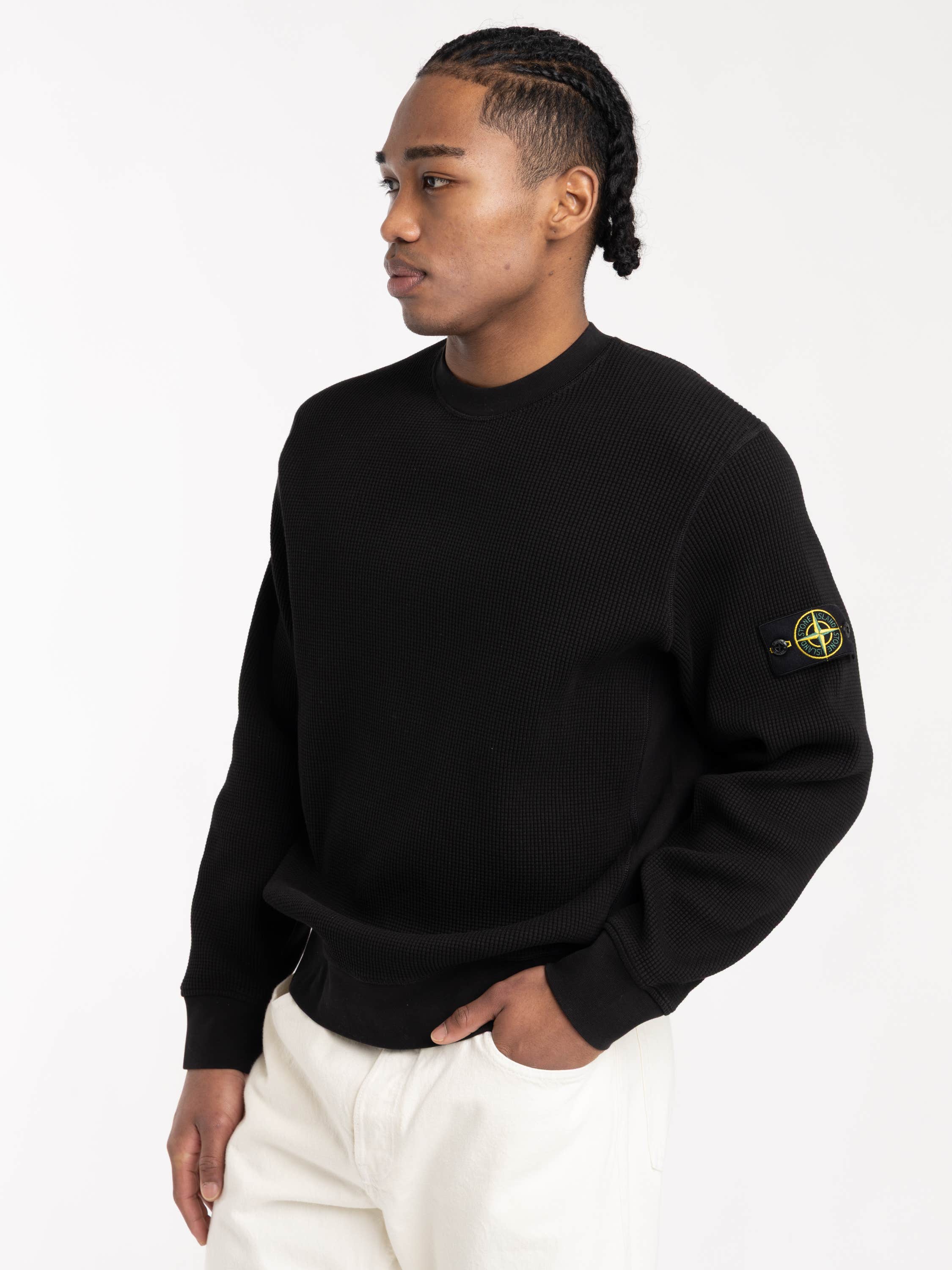 Black Organic Cotton Waffle Fleece Crewneck Sweatshirt
