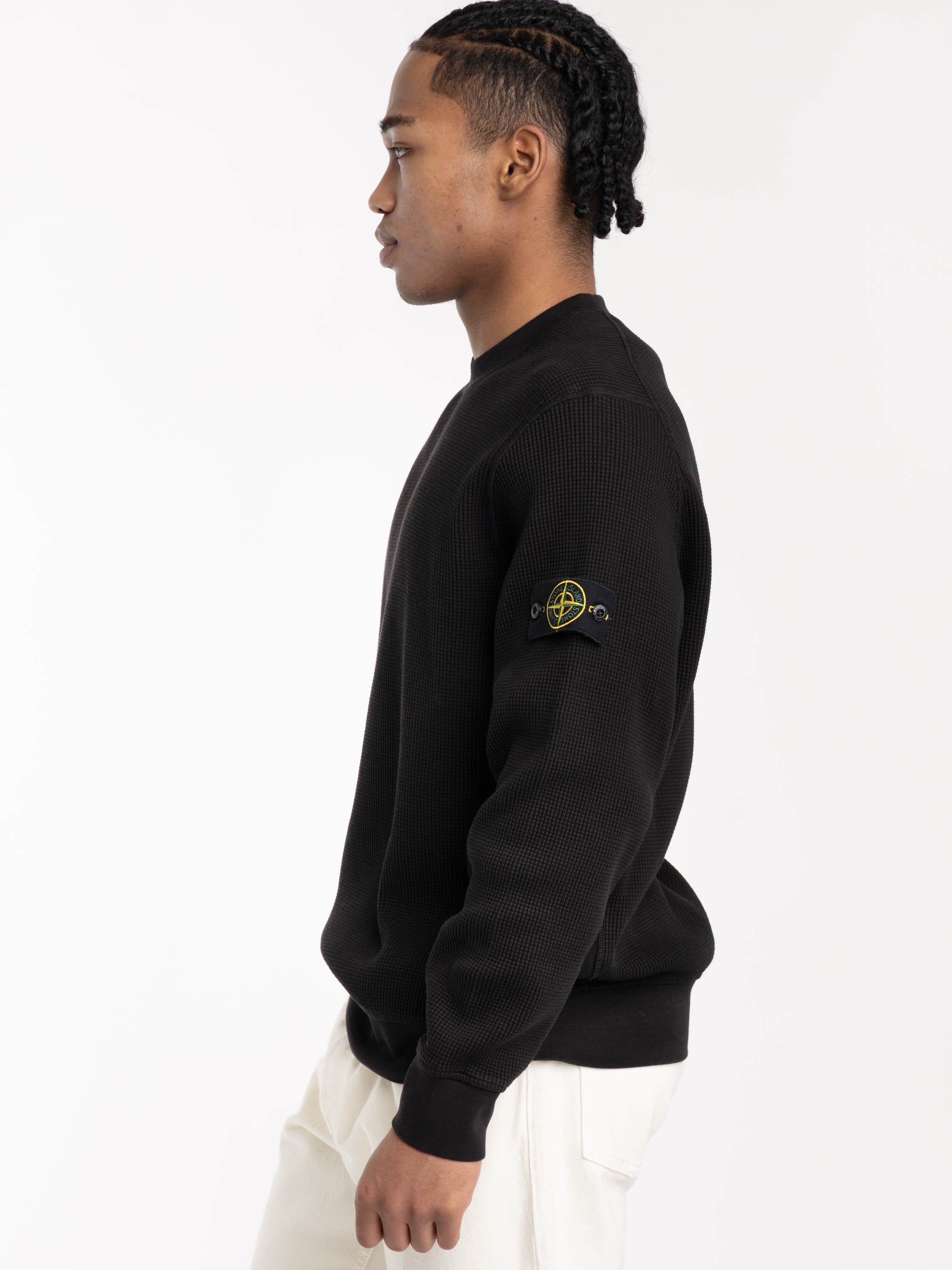 Black Organic Cotton Waffle Fleece Crewneck Sweatshirt