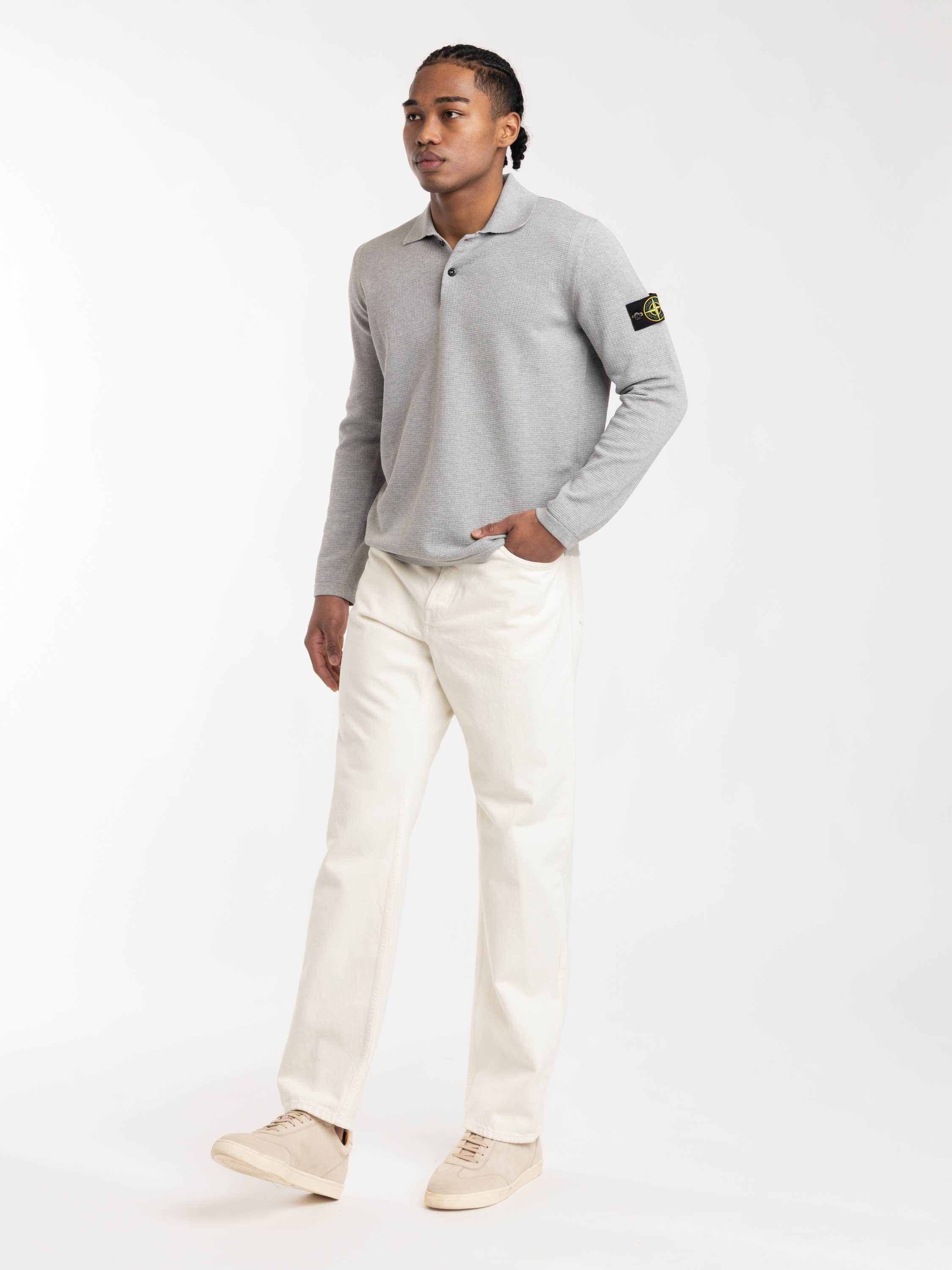 Grey Loose-Fit Long Sleeve Polo with Ribbed Trims