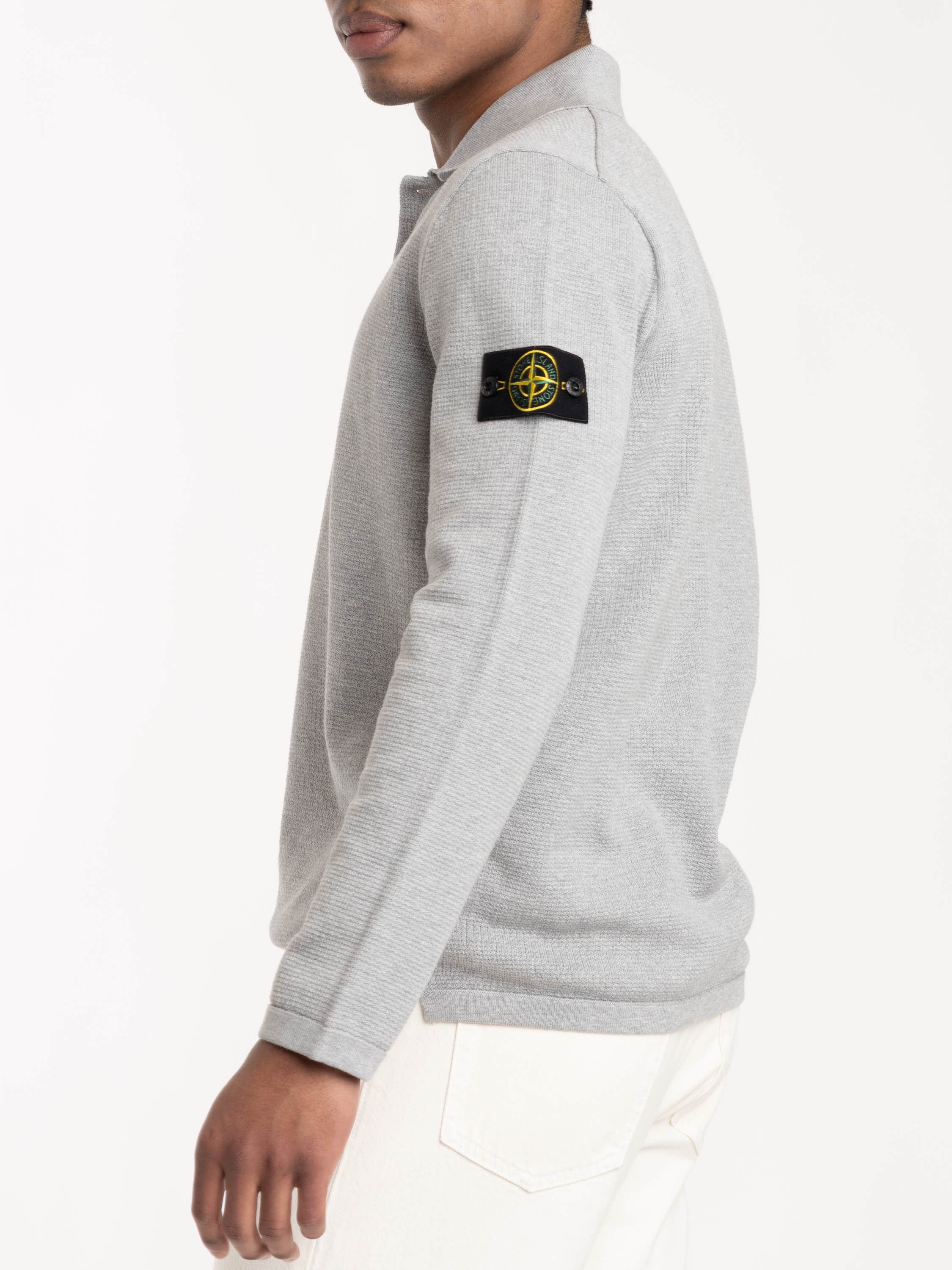 Grey Loose-Fit Long Sleeve Polo with Ribbed Trims