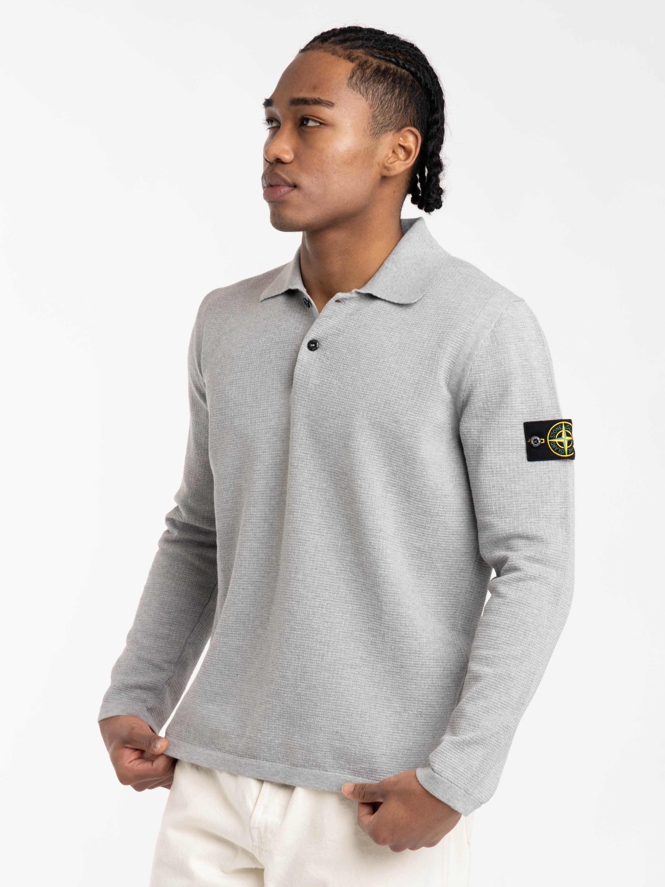 Grey Loose-Fit Long Sleeve Polo with Ribbed Trims