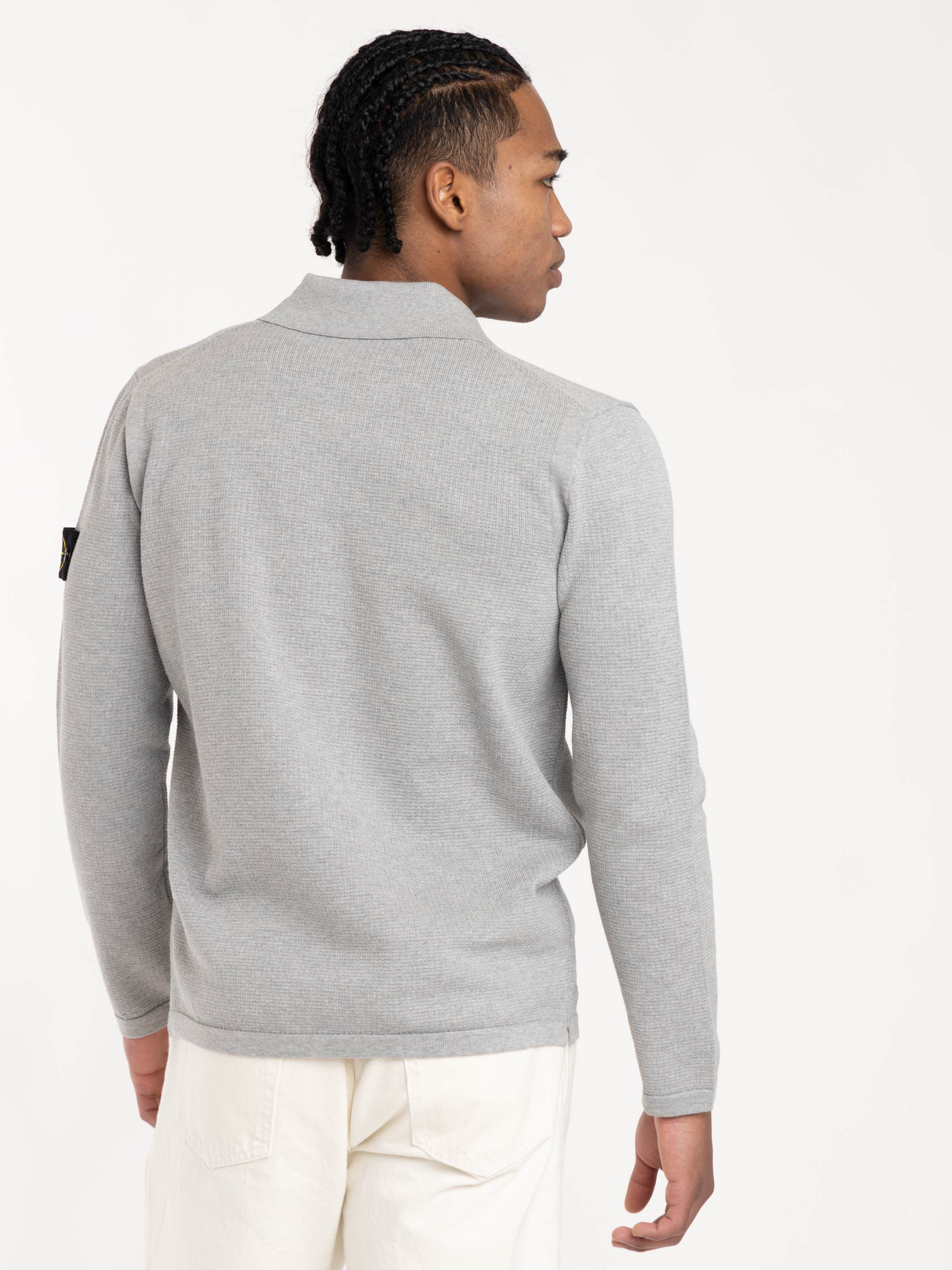 Grey Loose-Fit Long Sleeve Polo with Ribbed Trims