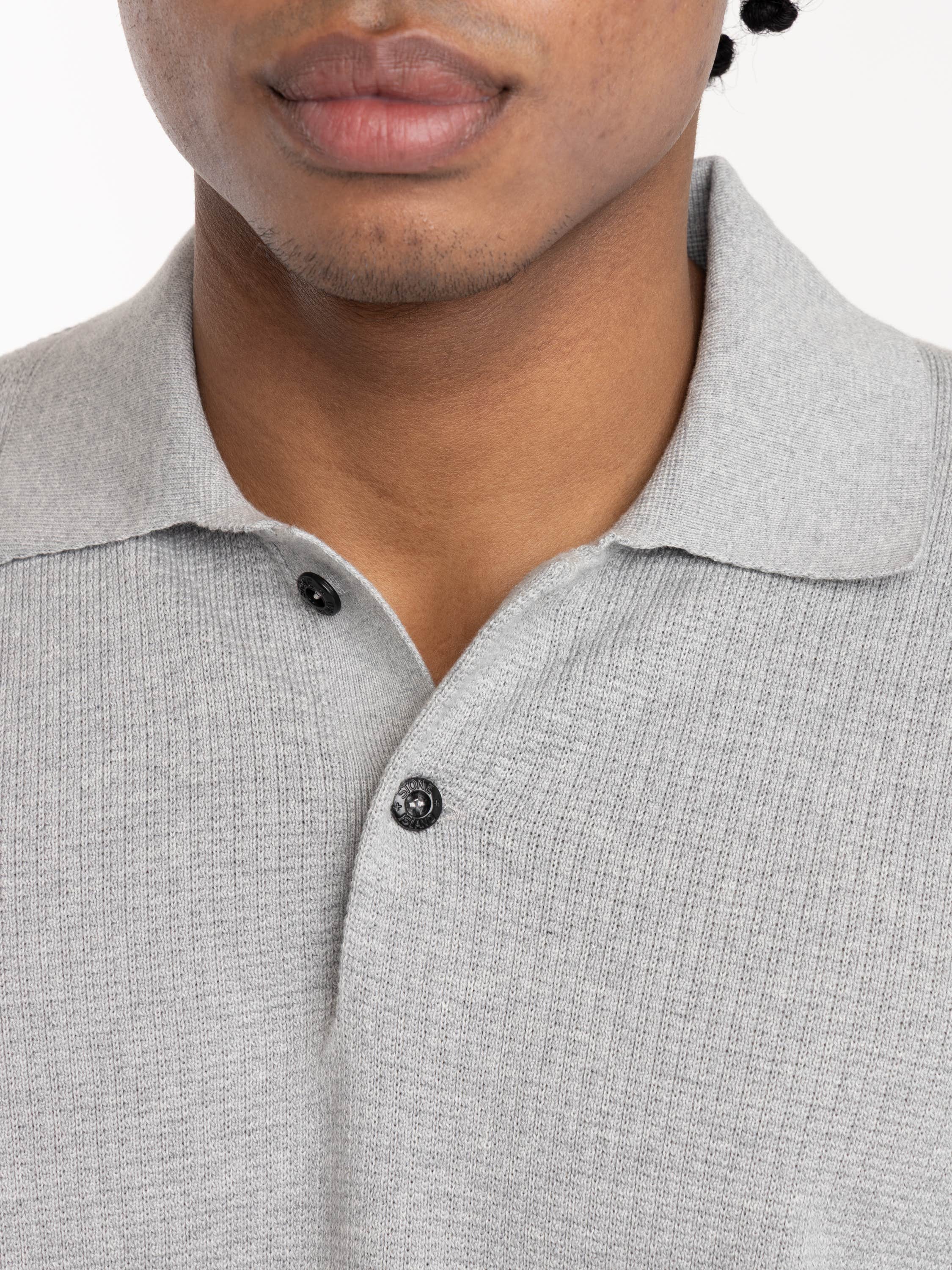 Grey Loose-Fit Long Sleeve Polo with Ribbed Trims