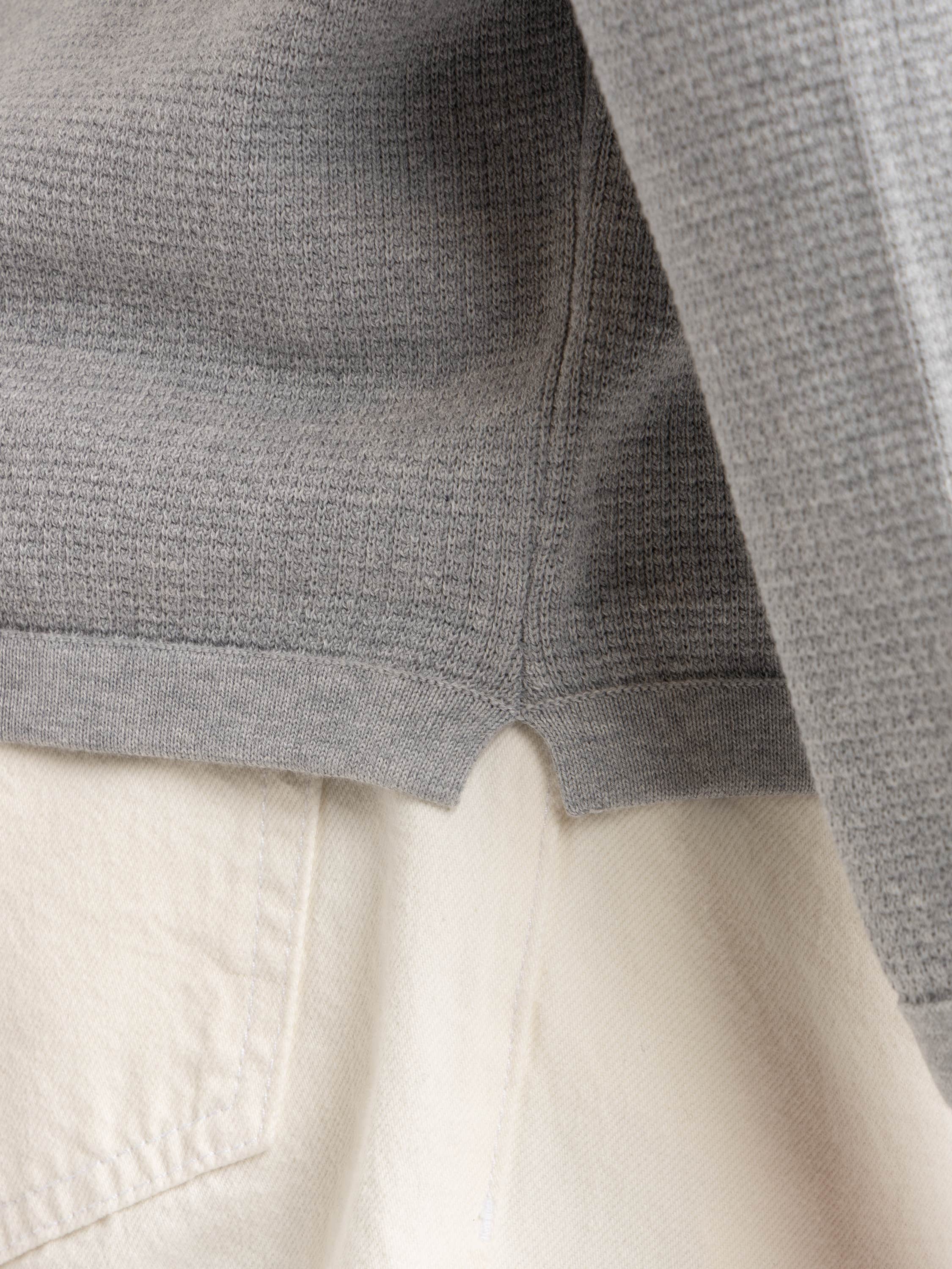 Grey Loose-Fit Long Sleeve Polo with Ribbed Trims