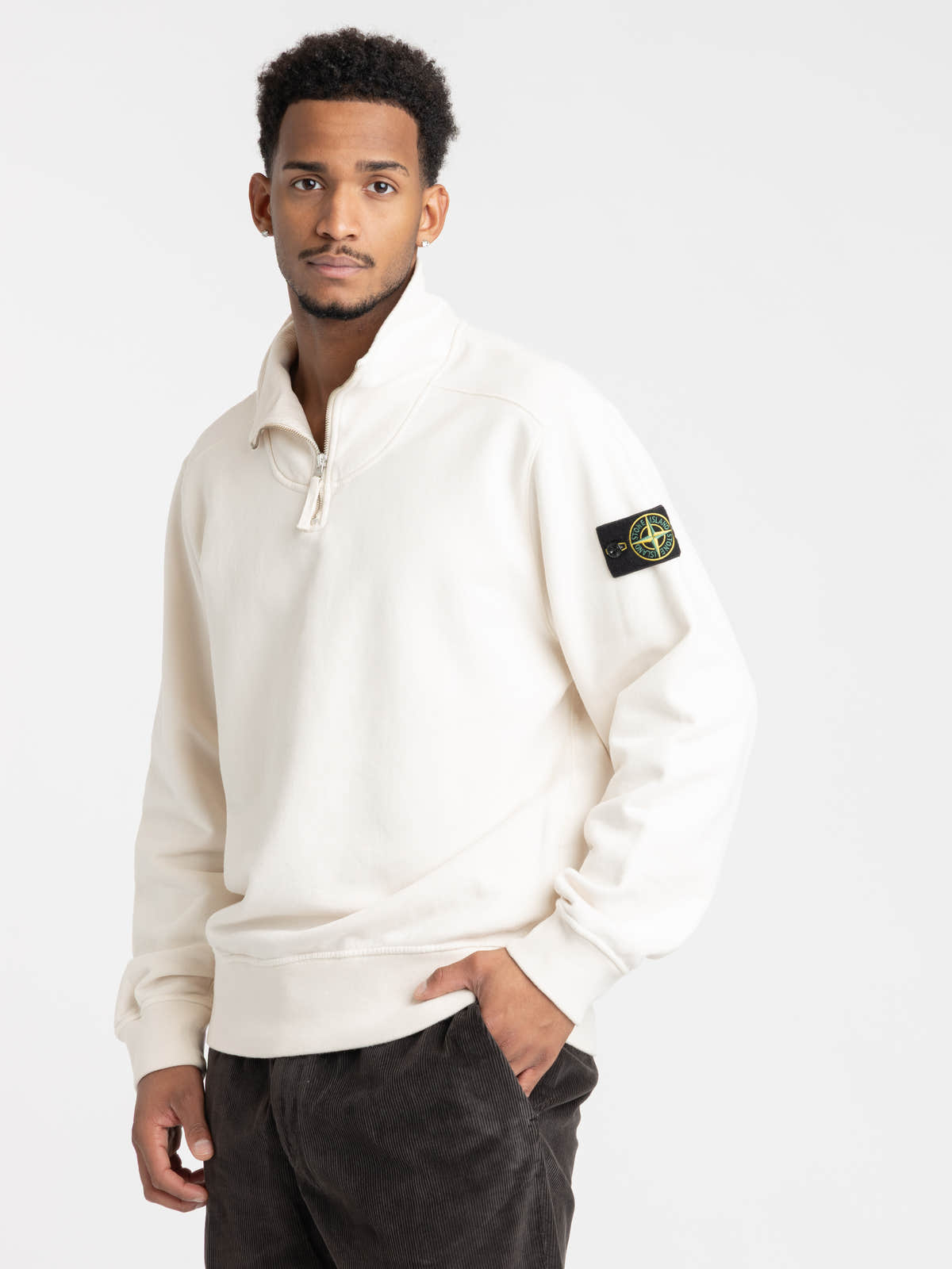 Ivory Brushed Cotton Fleece Half-Zip Sweatshirt