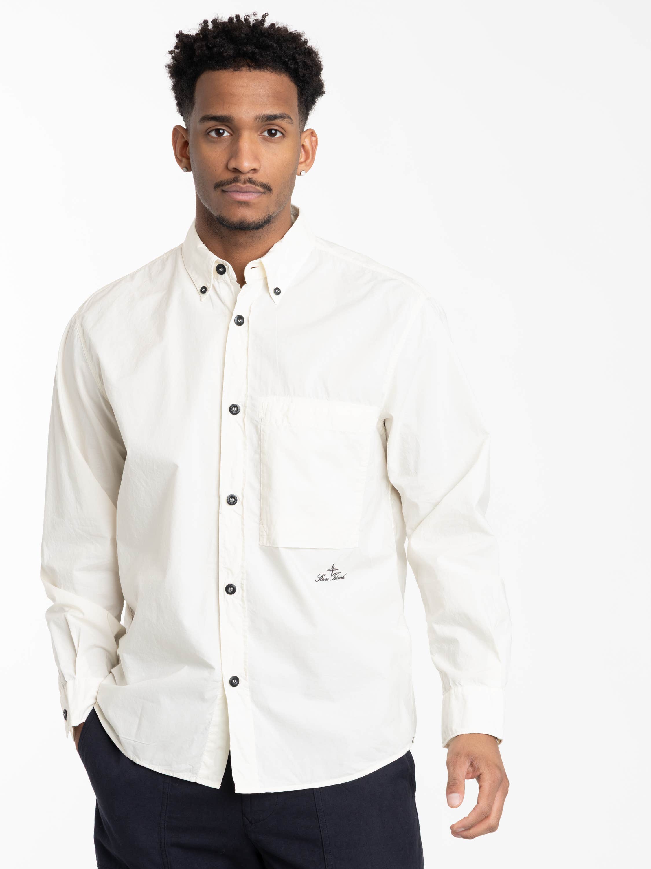 Ivory Organic Cotton Oxford Long-sleeve Shirt with Logo Embroidery