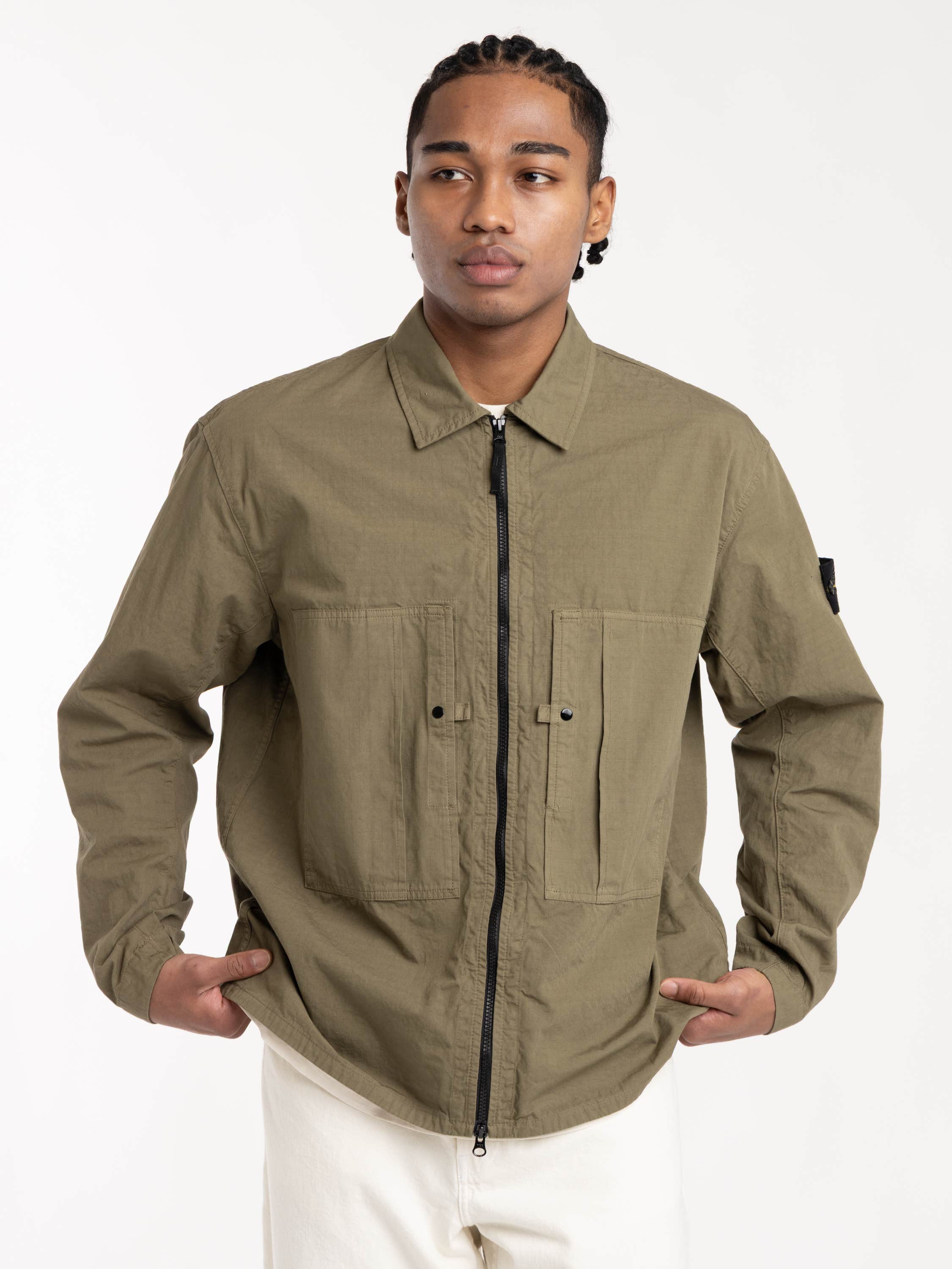 Military Green Mercerised Organic Cotton Ripstop Overshirt