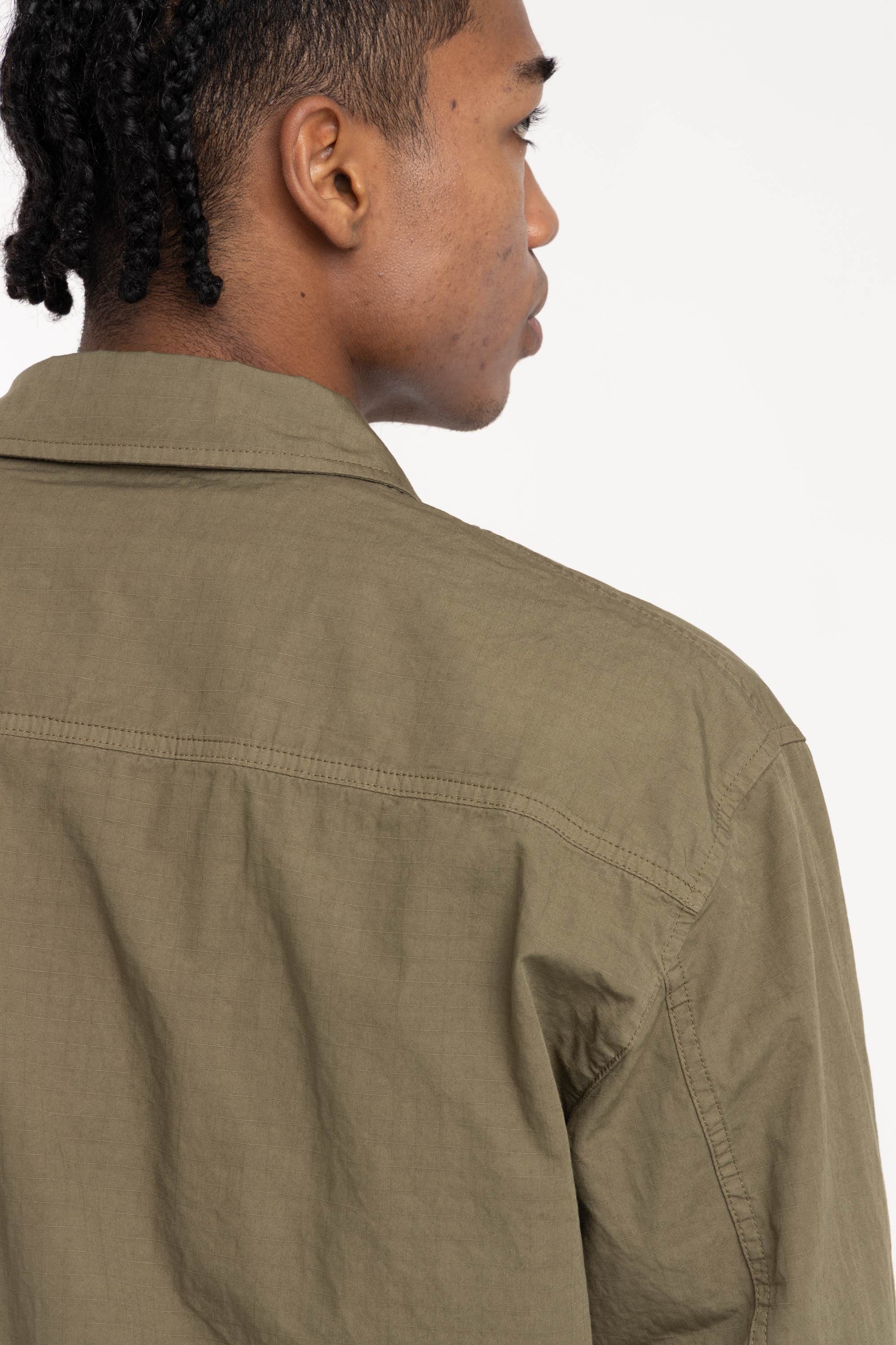 Military Green Mercerised Organic Cotton Ripstop Overshirt