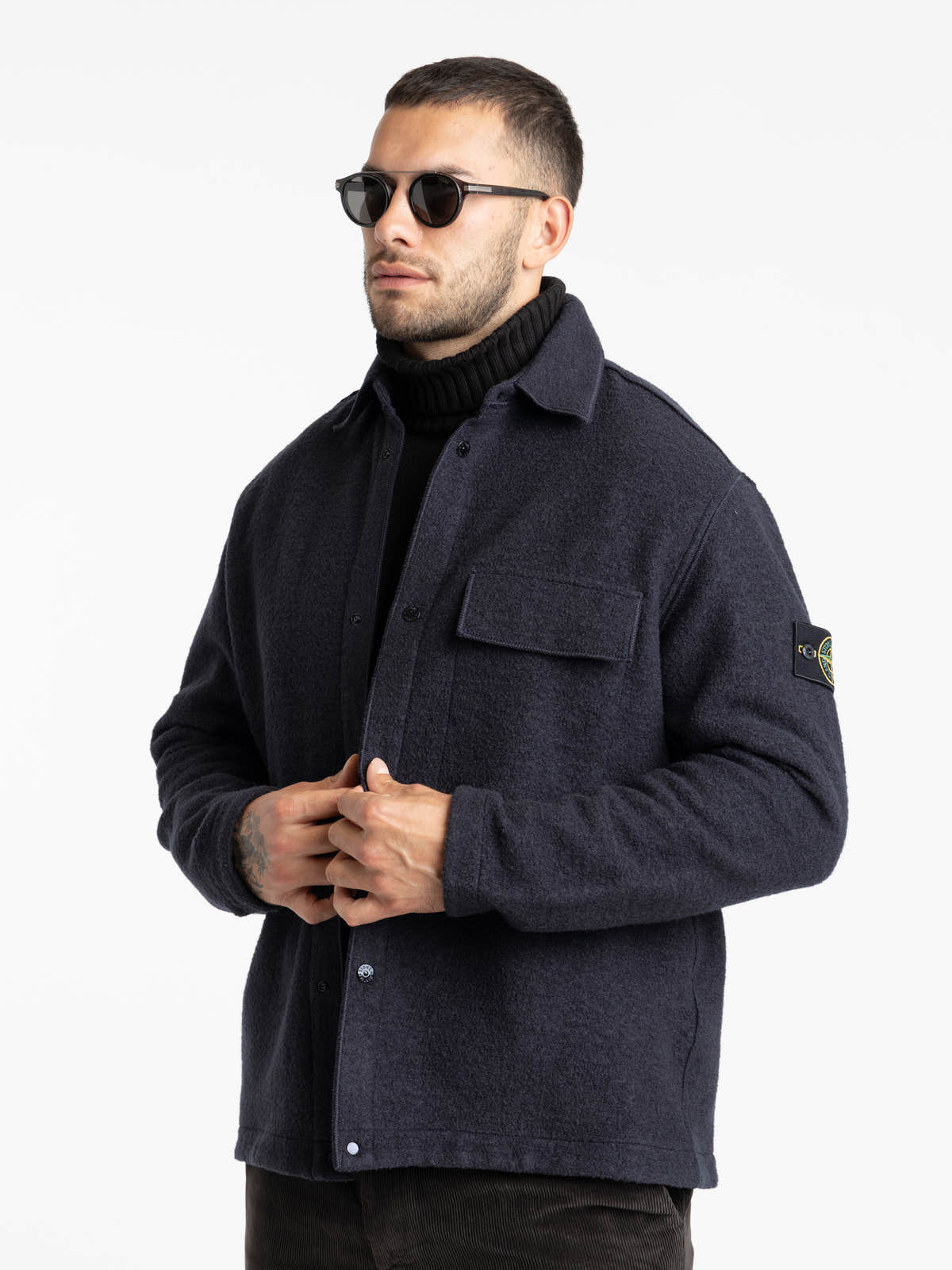 Navy Blue Micro Bouclé Overshirt