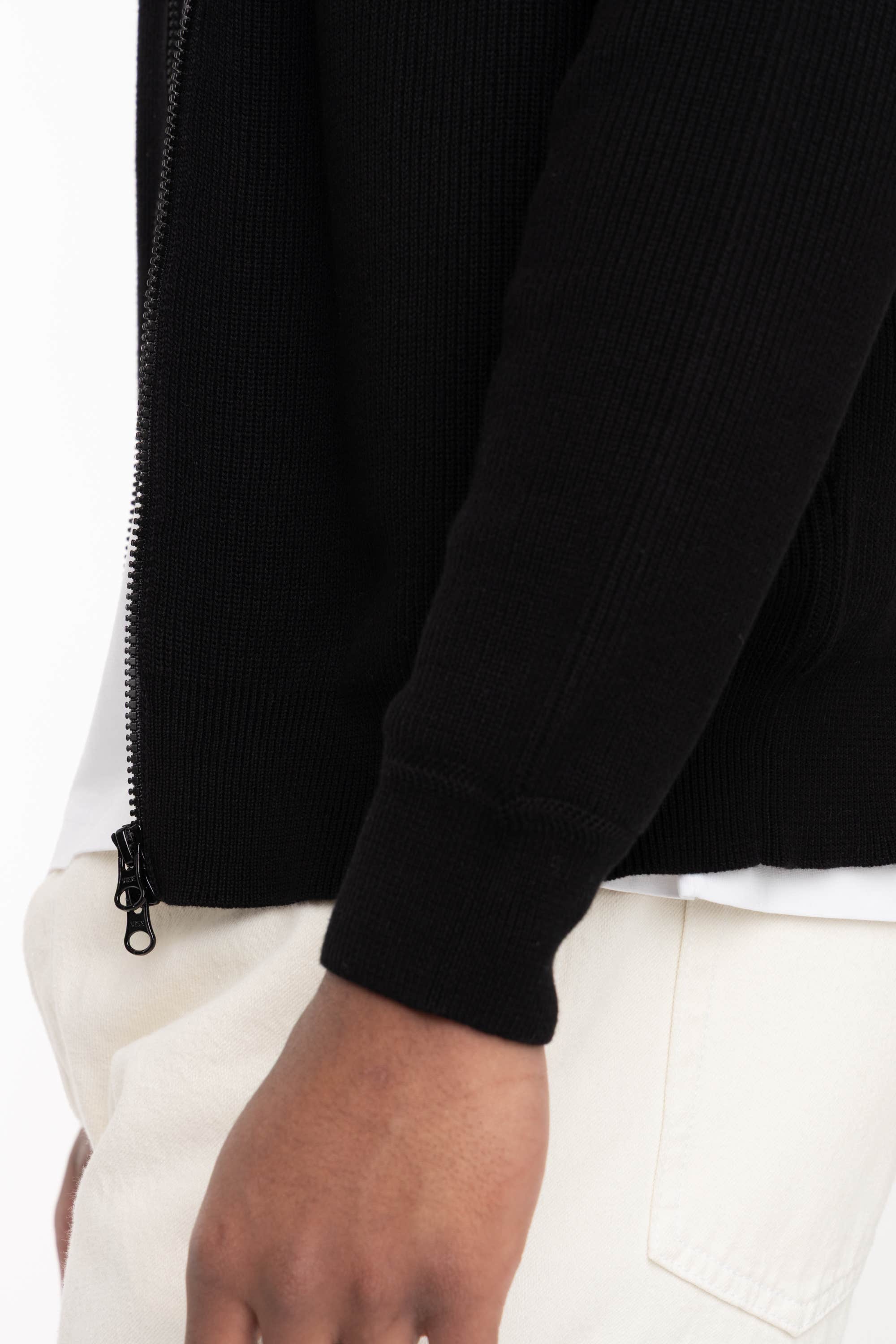Black Ribbed Soft Organic Cotton Regular-fit Zip-up Sweater