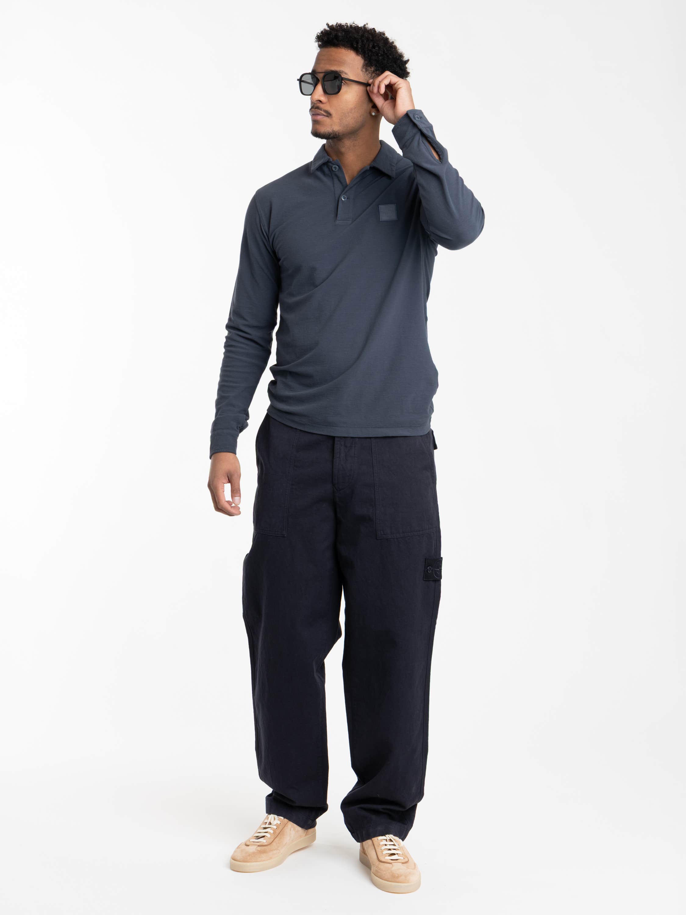 Slate Blue Organic Cotton Jersey Crepe S.I. Ghost Long-sleeve Polo with Compass Patch