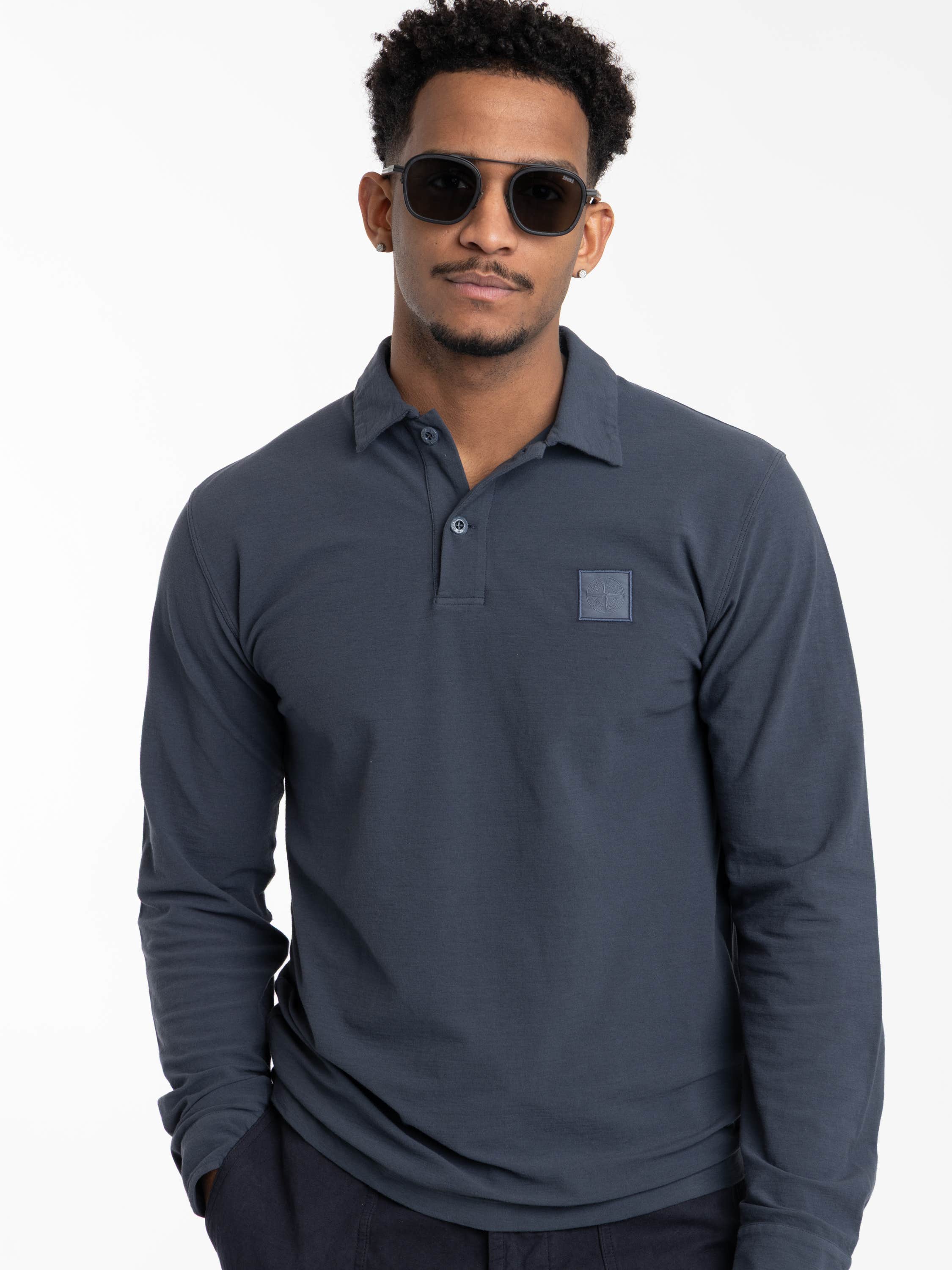 Slate Blue Organic Cotton Jersey Crepe S.I. Ghost Long-sleeve Polo with Compass Patch