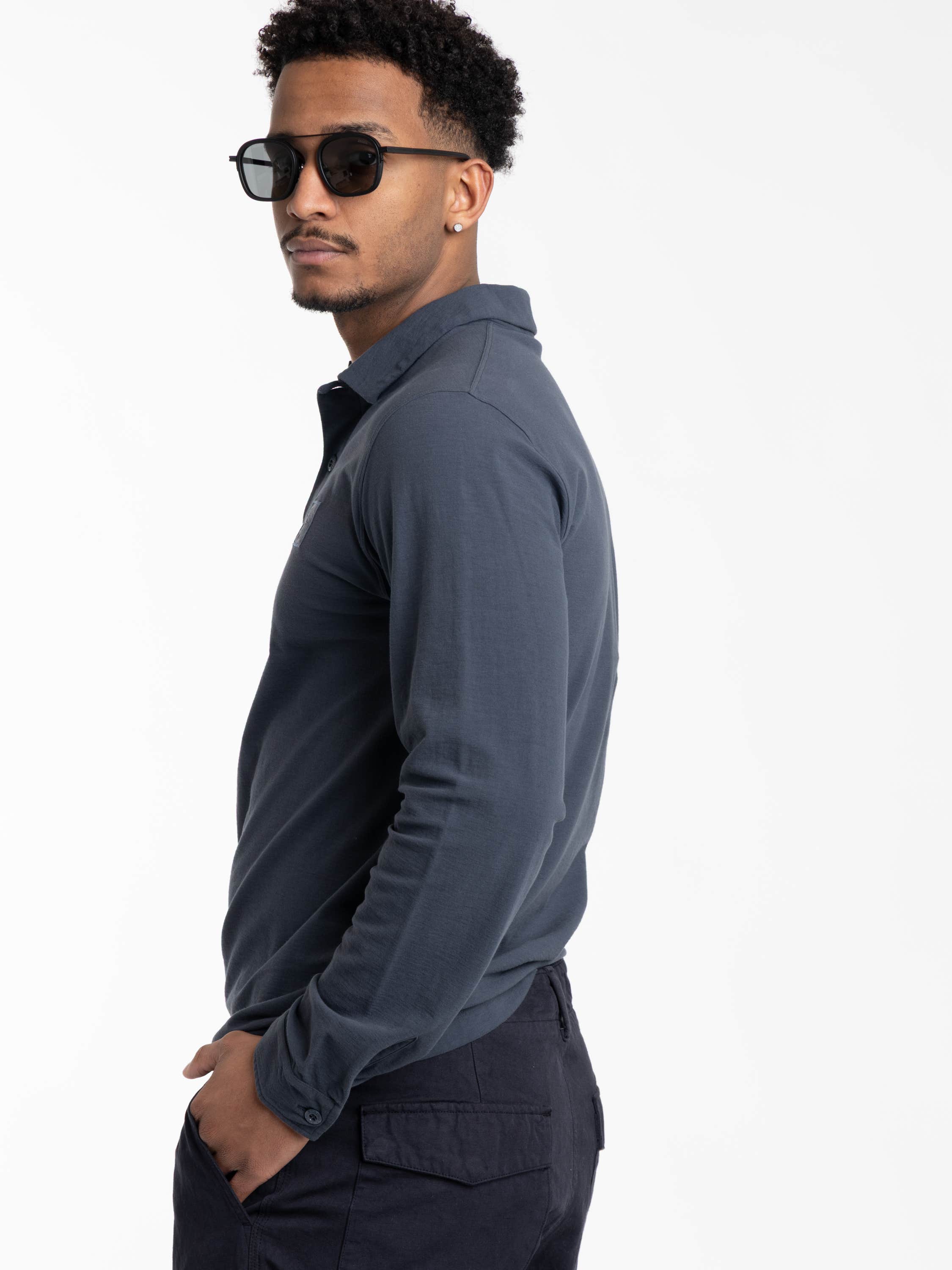 Slate Blue Organic Cotton Jersey Crepe S.I. Ghost Long-sleeve Polo with Compass Patch