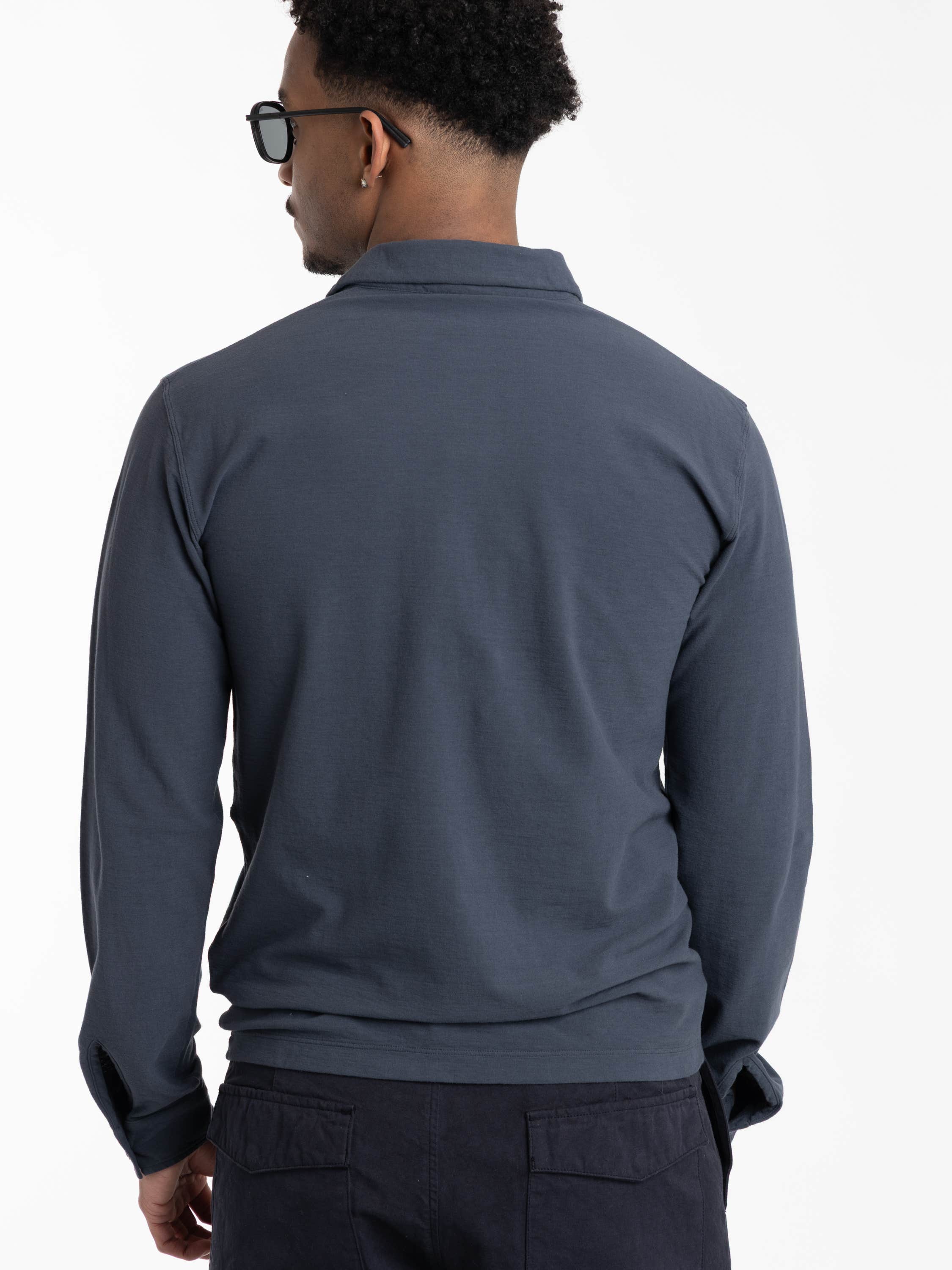 Slate Blue Organic Cotton Jersey Crepe S.I. Ghost Long-sleeve Polo with Compass Patch
