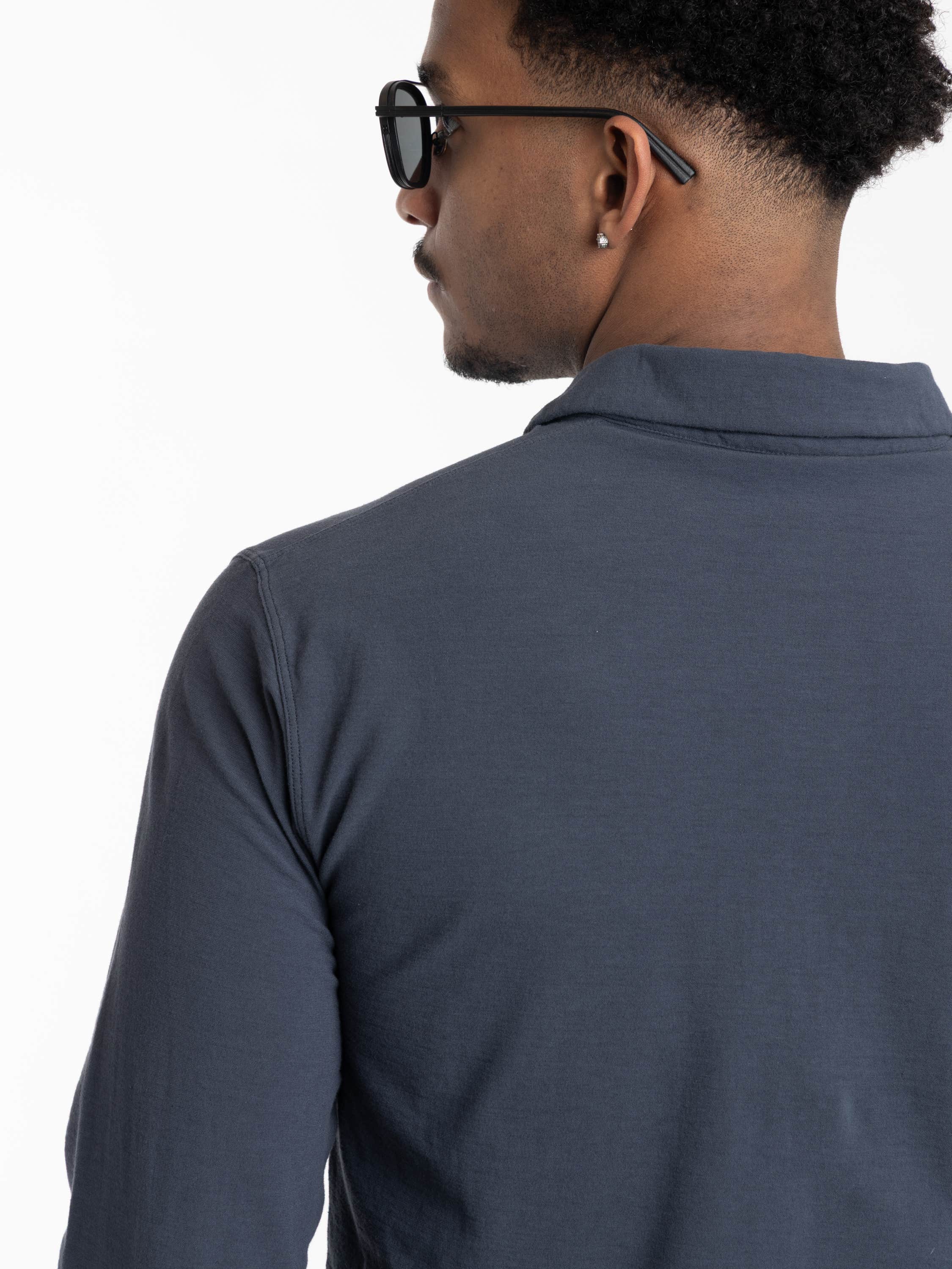 Slate Blue Organic Cotton Jersey Crepe S.I. Ghost Long-sleeve Polo with Compass Patch