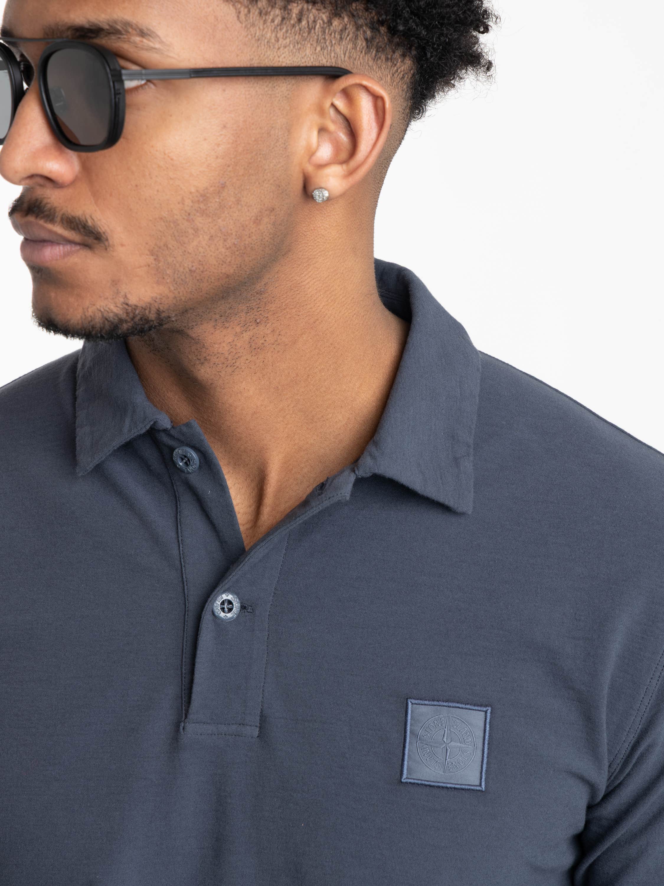 Slate Blue Organic Cotton Jersey Crepe S.I. Ghost Long-sleeve Polo with Compass Patch