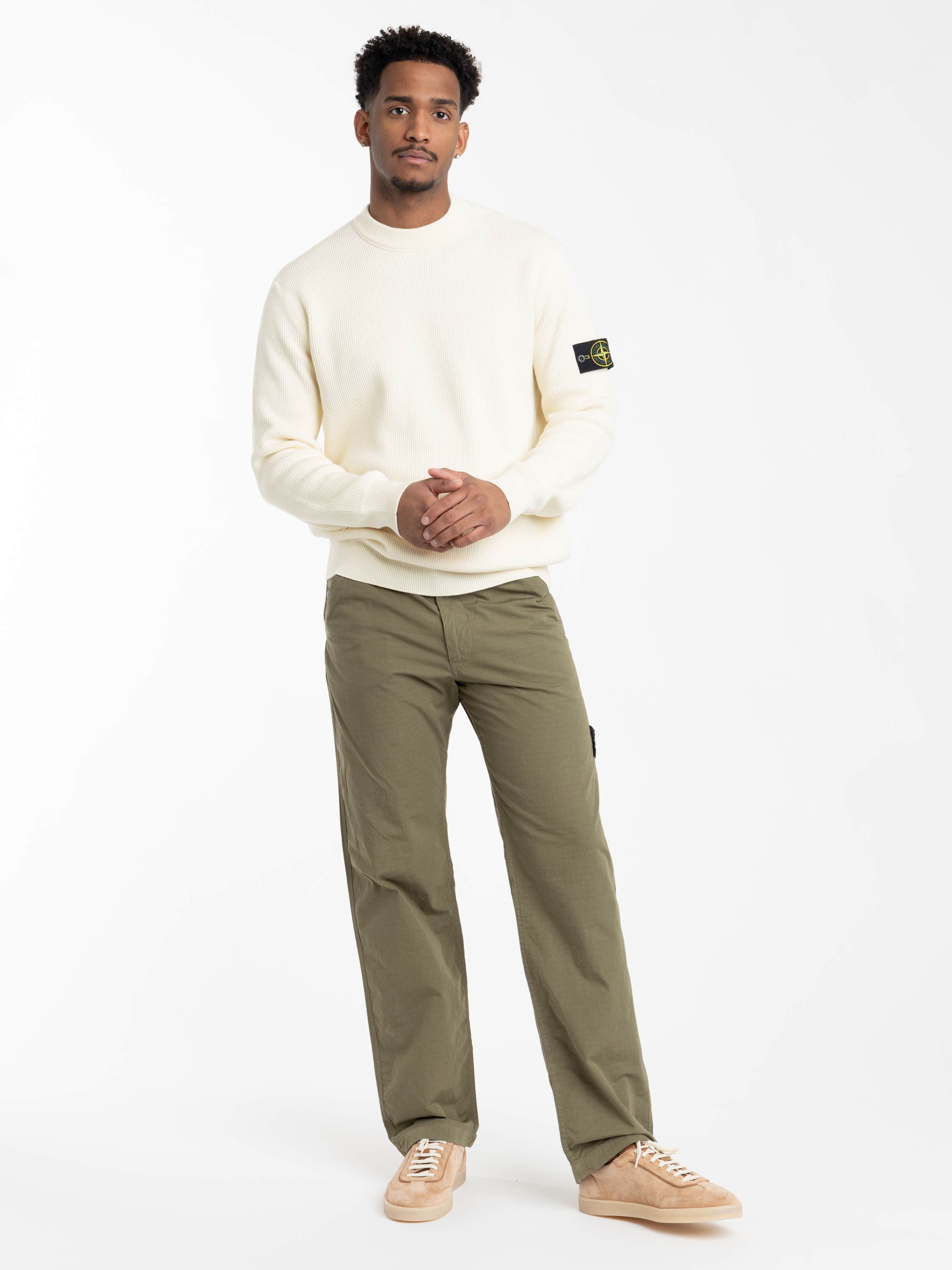 White Mesh Stitch Organic Cotton Fleece Crewneck Sweatshirt