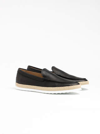 TOD'S Black Leather Raffia Loafer