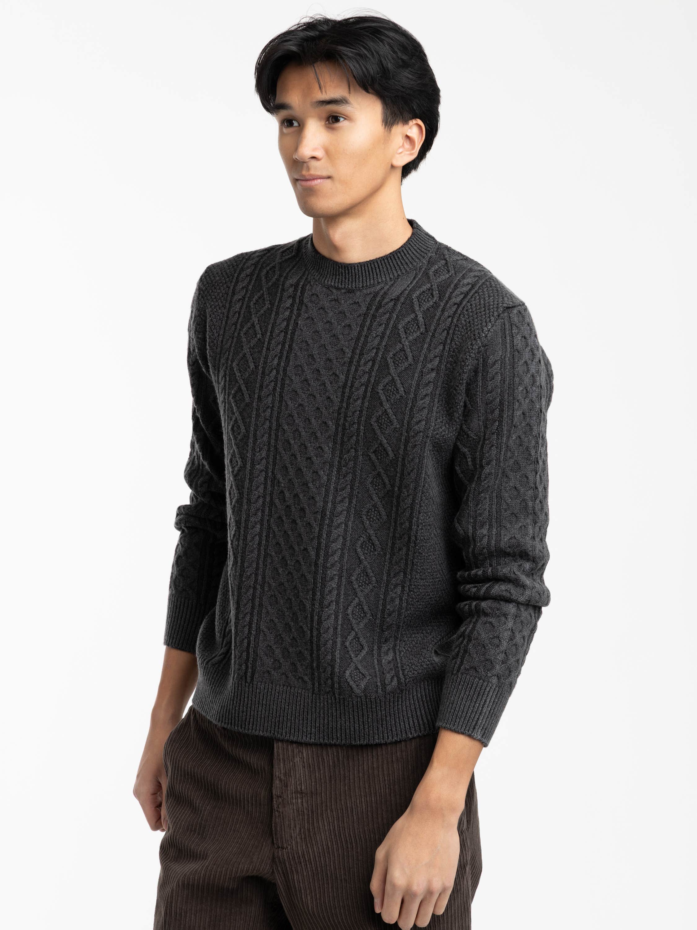 Dark Grey Foggy Cable Crewneck Sweater