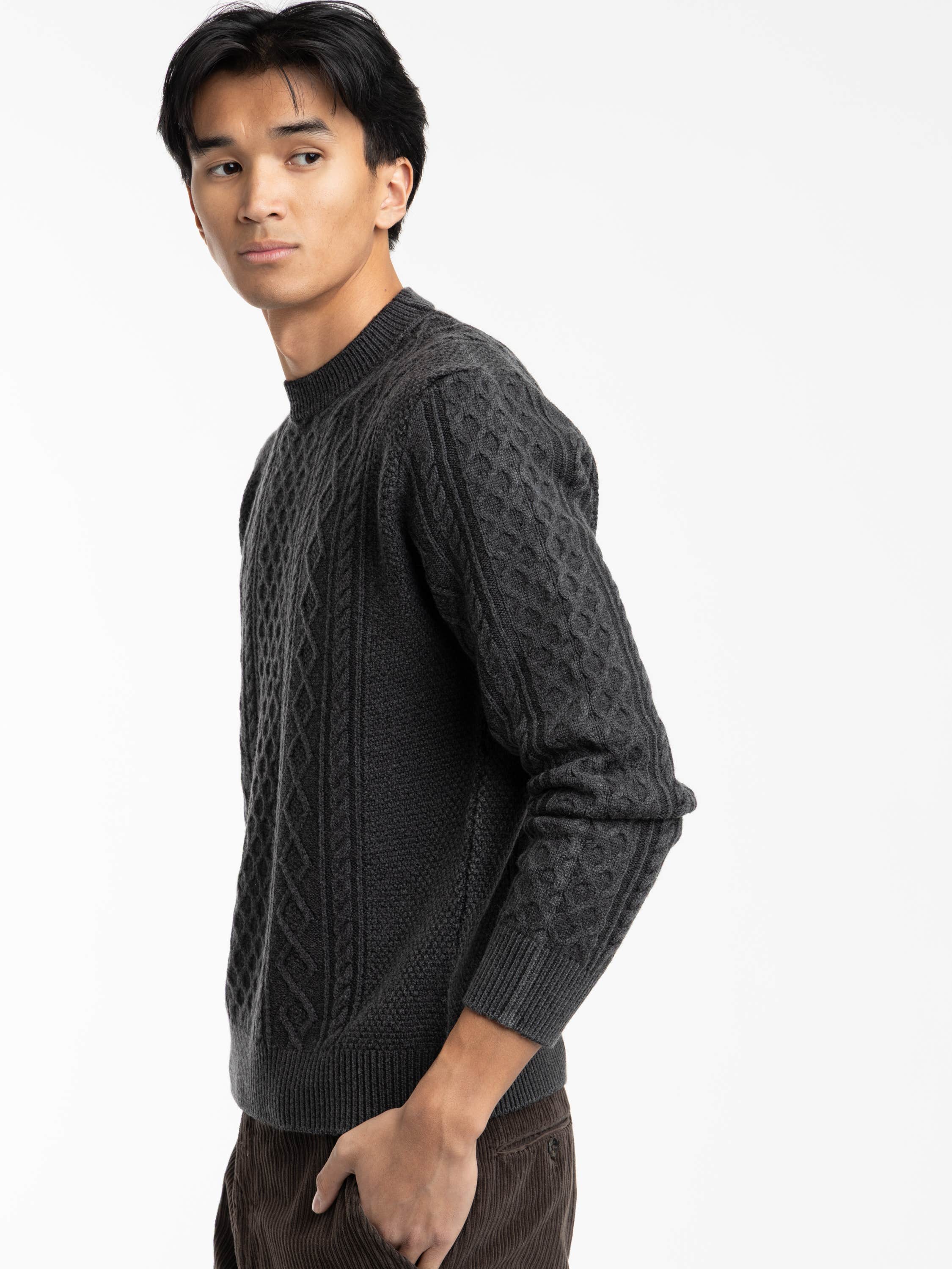 Dark Grey Foggy Cable Crewneck Sweater