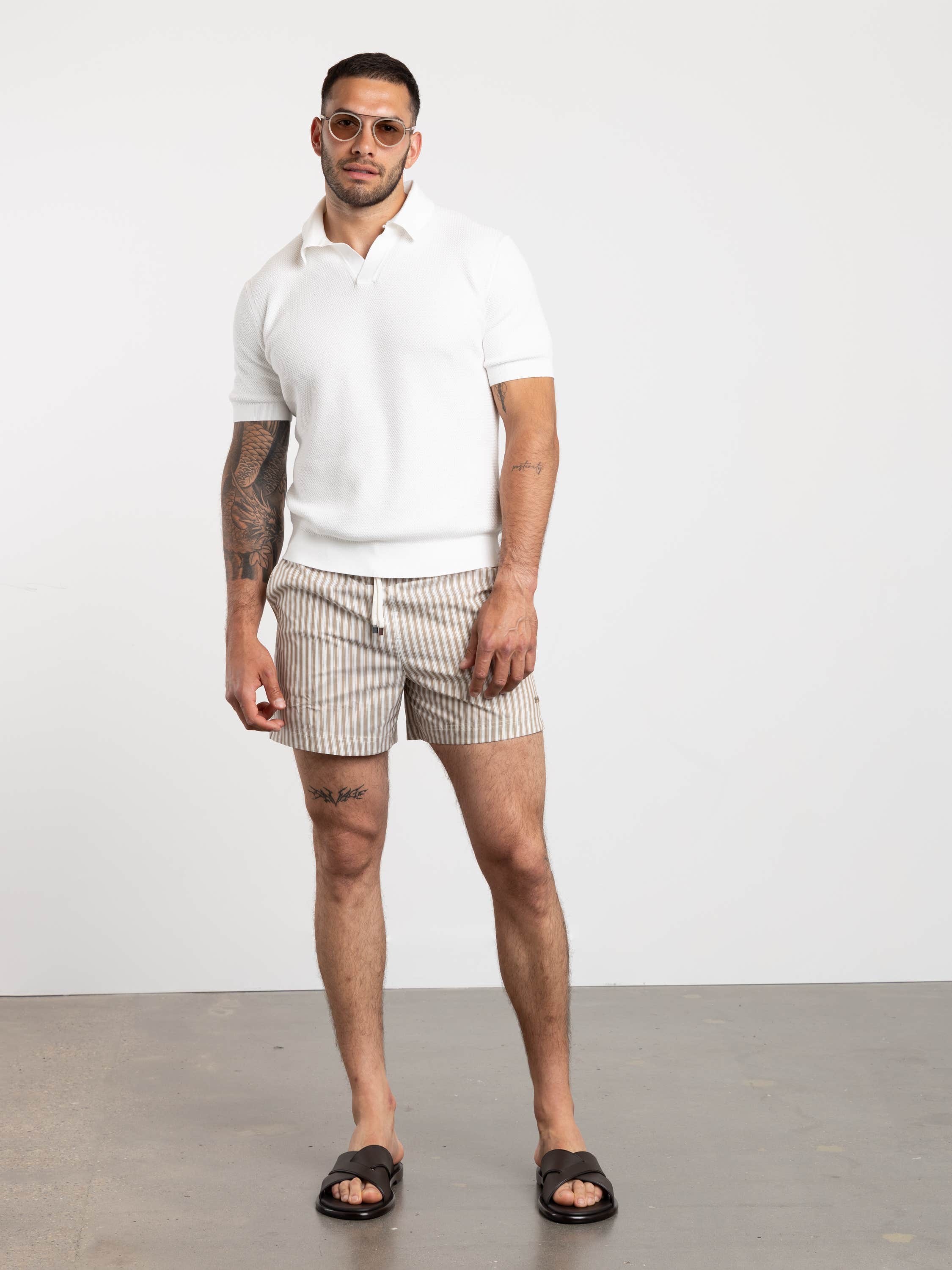 Brown Striped Swim Trunks