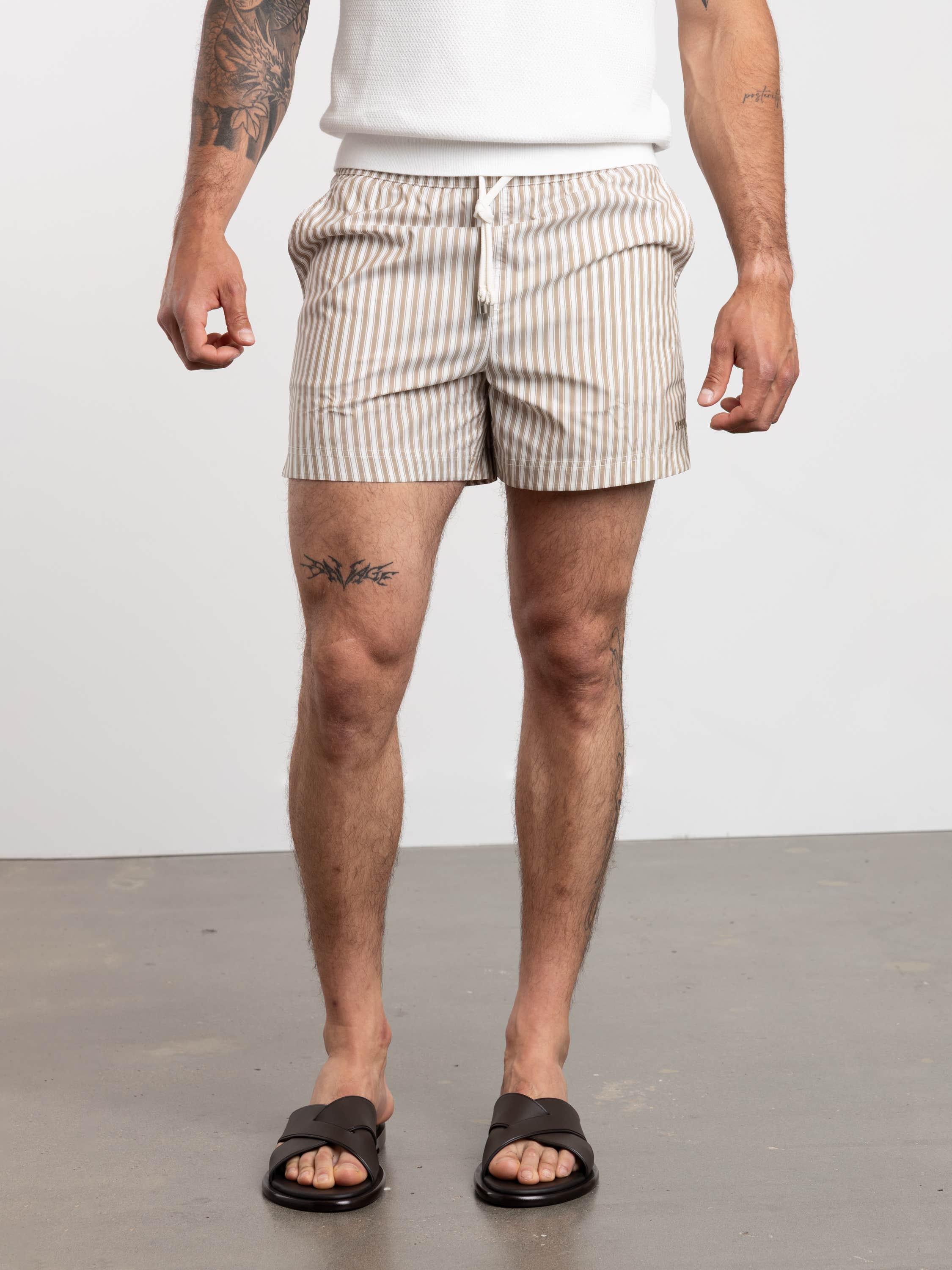 Brown Striped Swim Trunks